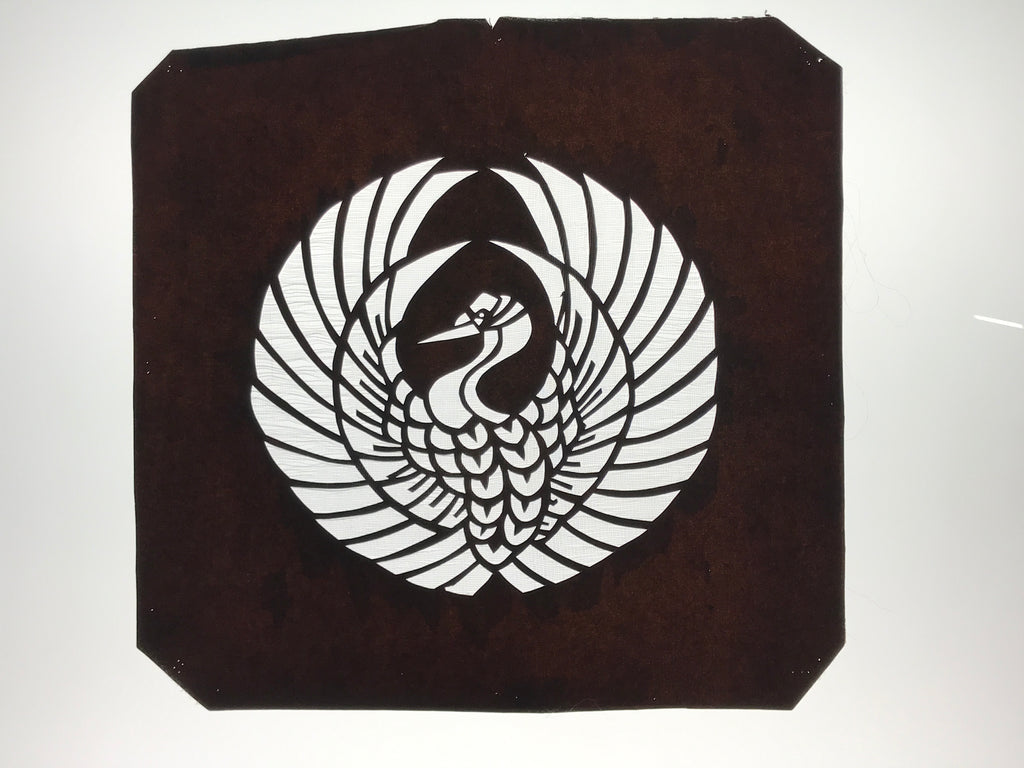 Antique Japanese Katagami Paper Kimono Stencil Katazome Crane Kamon Crest A799