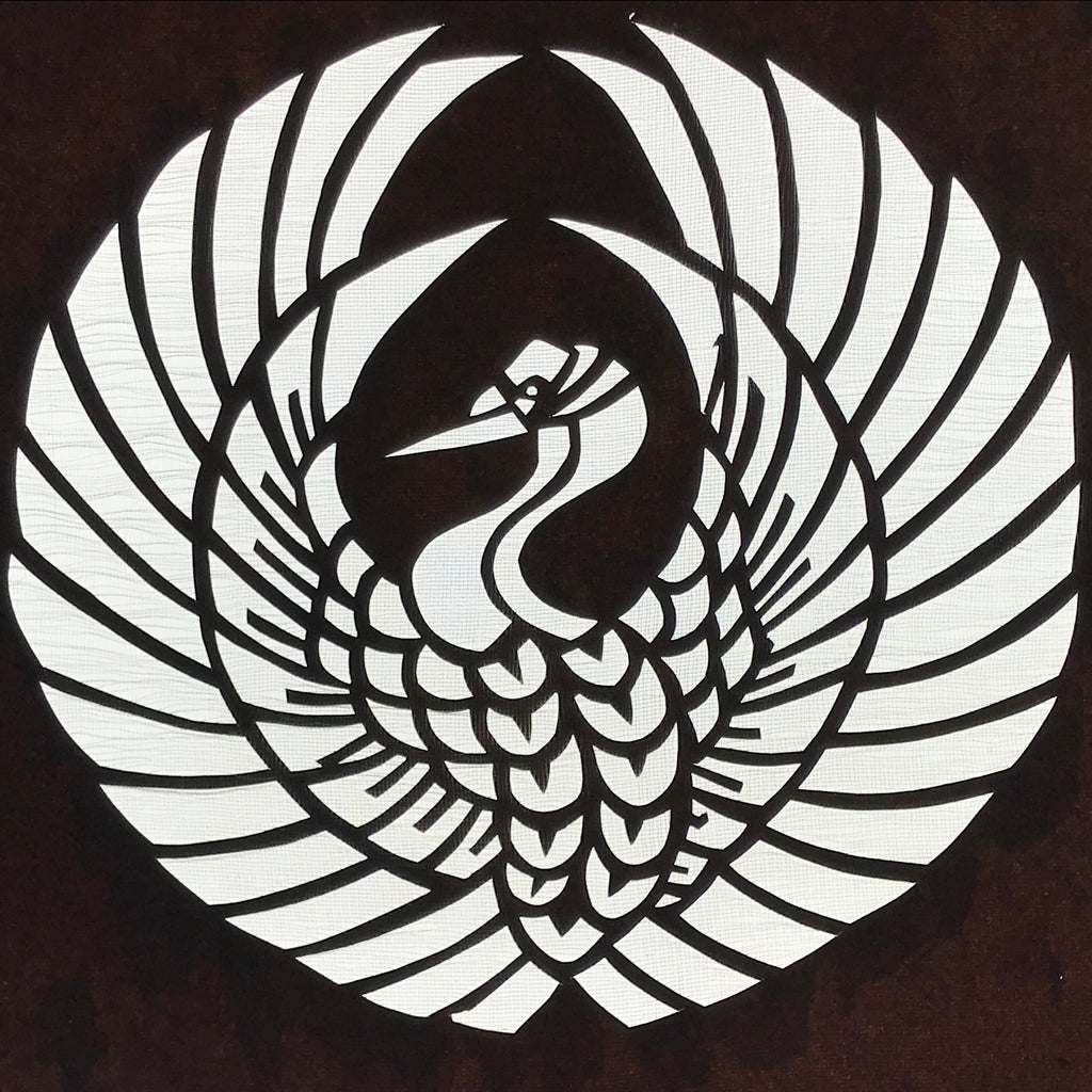 Antique Japanese Katagami Paper Kimono Stencil Katazome Crane Kamon Crest A799