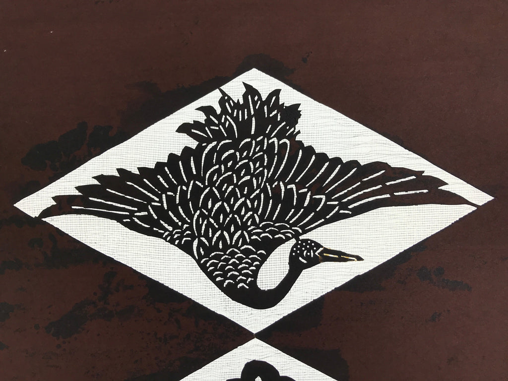 Antique Japanese Katagami Paper Kimono Stencil Katazome Crane Tsuru Pine A654