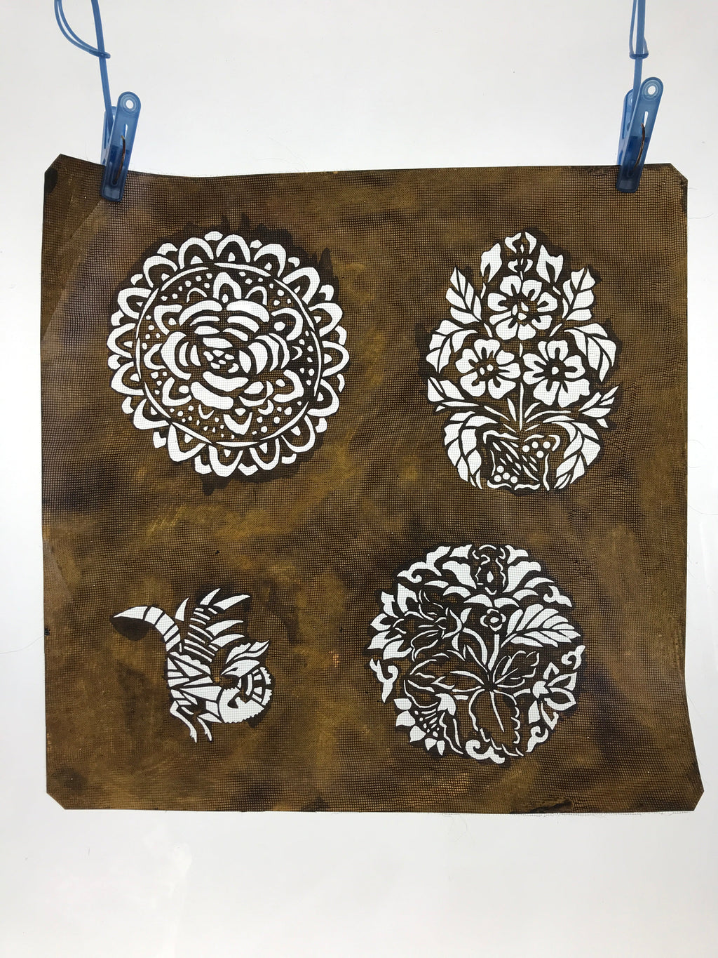 Antique Japanese Katagami Paper Kimono Stencil Katazome Flowers Rooster A652