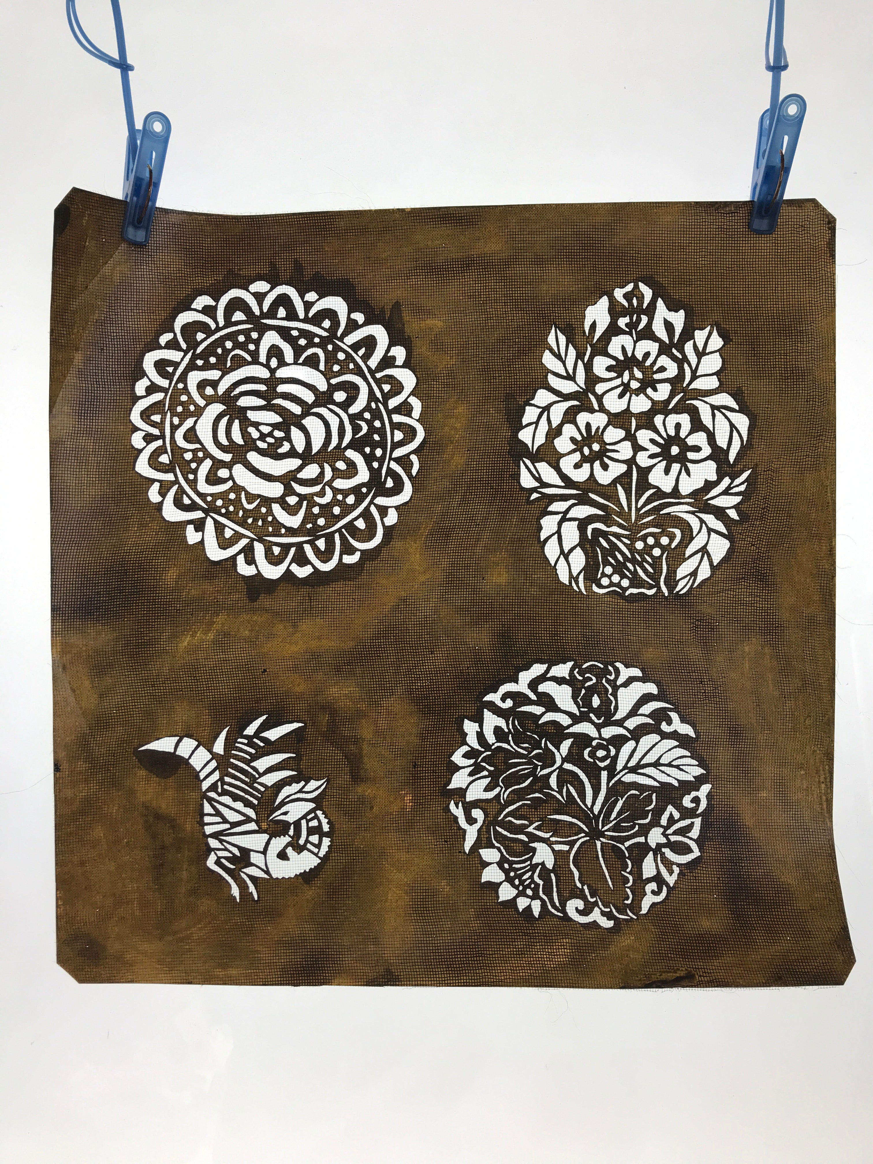 Antique Japanese Katagami Paper Kimono Stencil Katazome Flowers Rooster A652