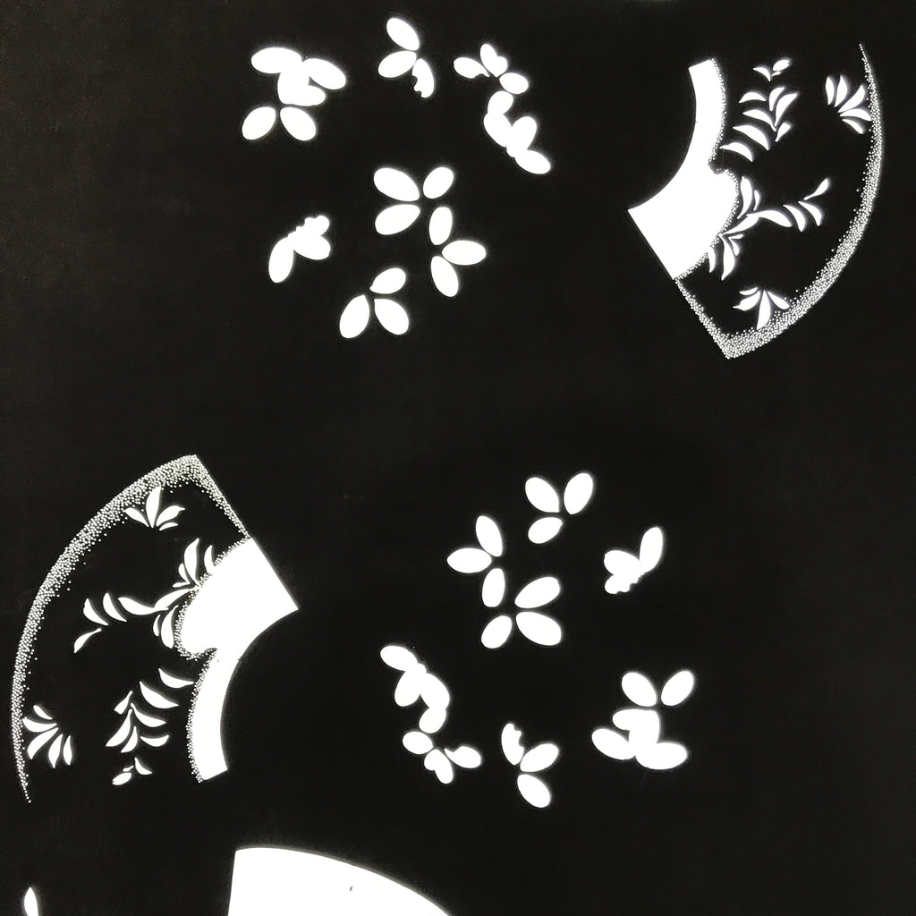 Antique Japanese Katagami Paper Kimono Stencil Katazome Folding Fan Plants C921