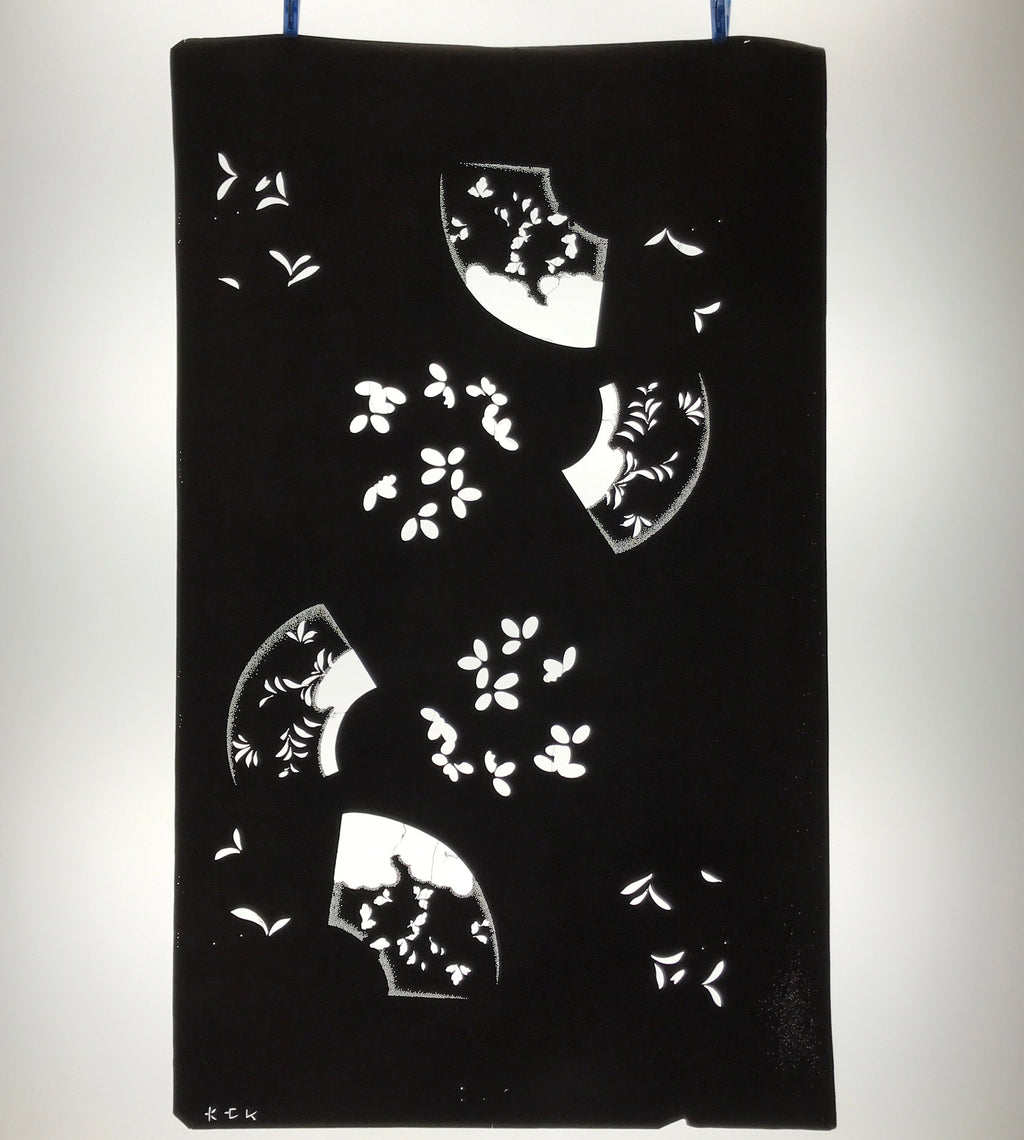 Antique Japanese Katagami Paper Kimono Stencil Katazome Folding Fan Plants C921