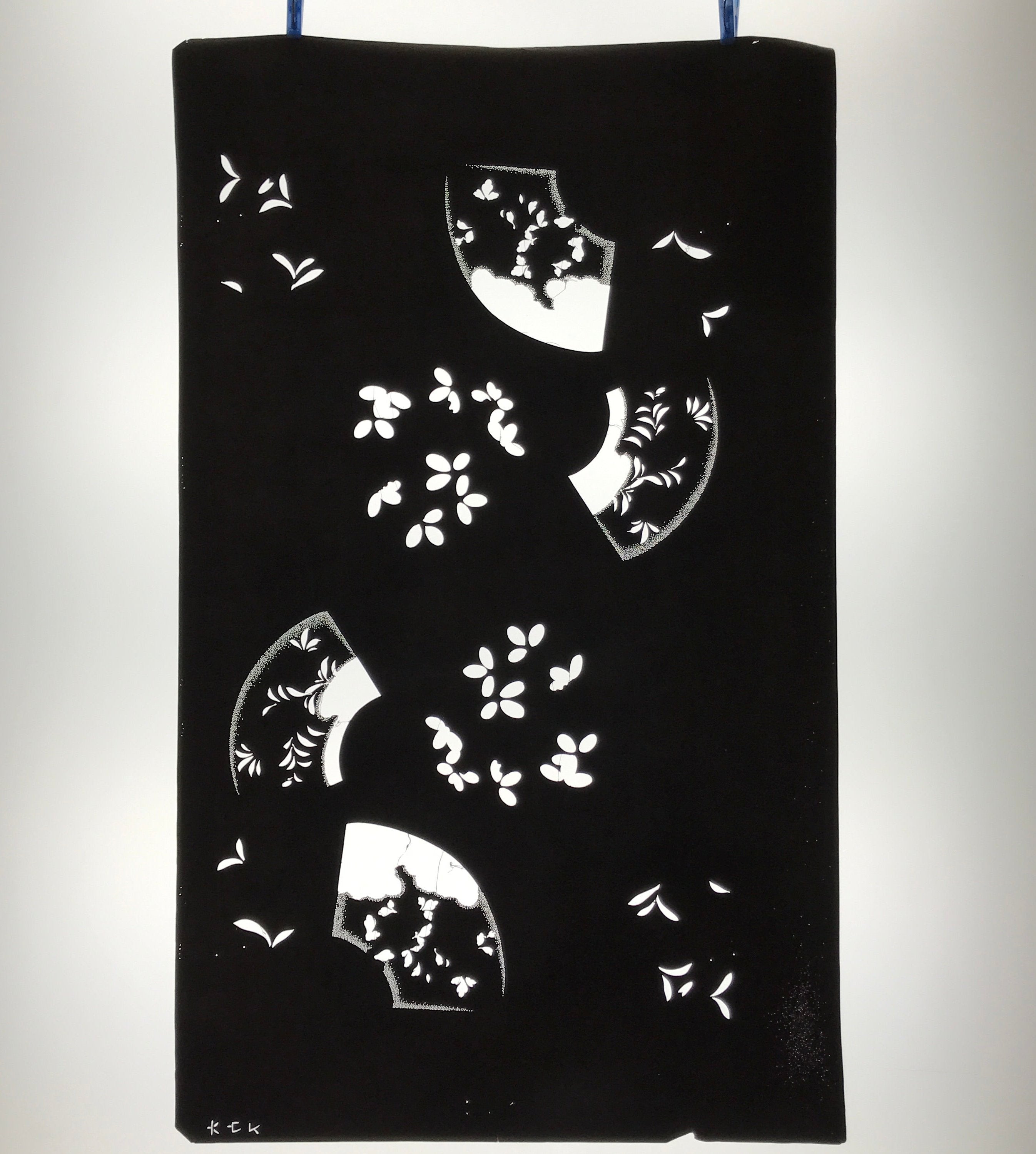 Antique Japanese Katagami Paper Kimono Stencil Katazome Folding Fan Plants C921