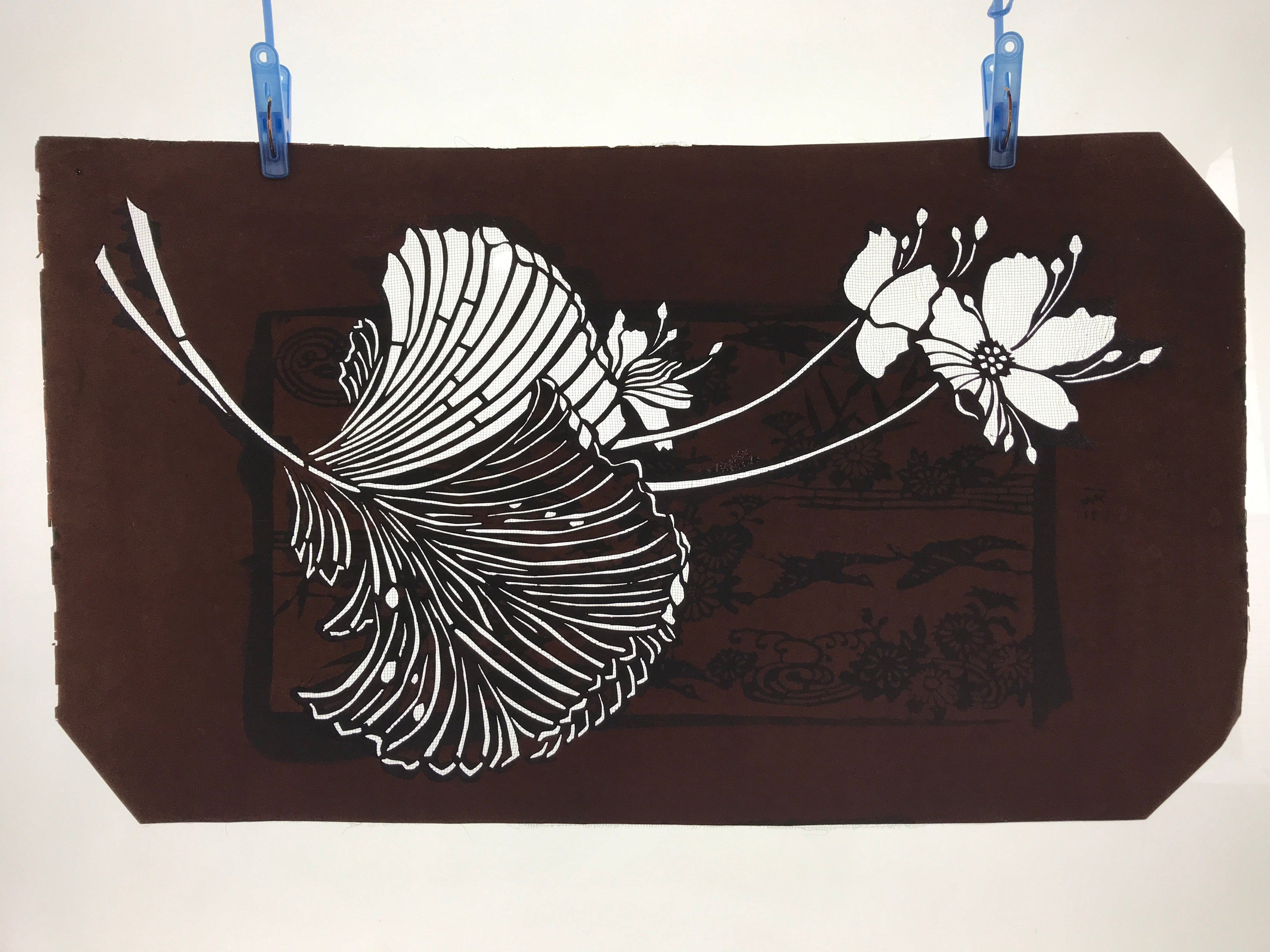 Antique Japanese Katagami Paper Kimono Stencil Katazome Hibiscus Fan Palm A655
