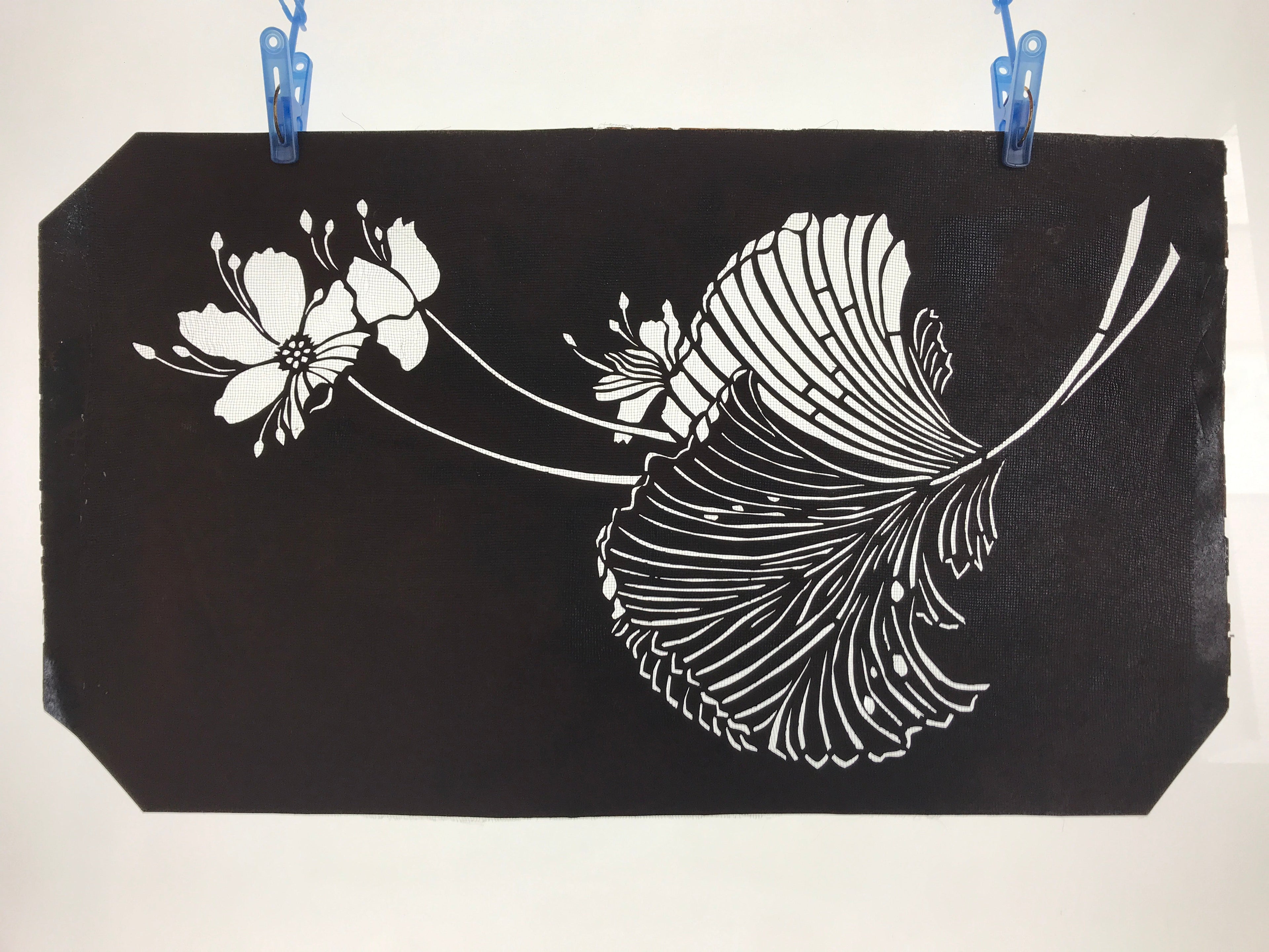 Antique Japanese Katagami Paper Kimono Stencil Katazome Hibiscus Fan Palm A655