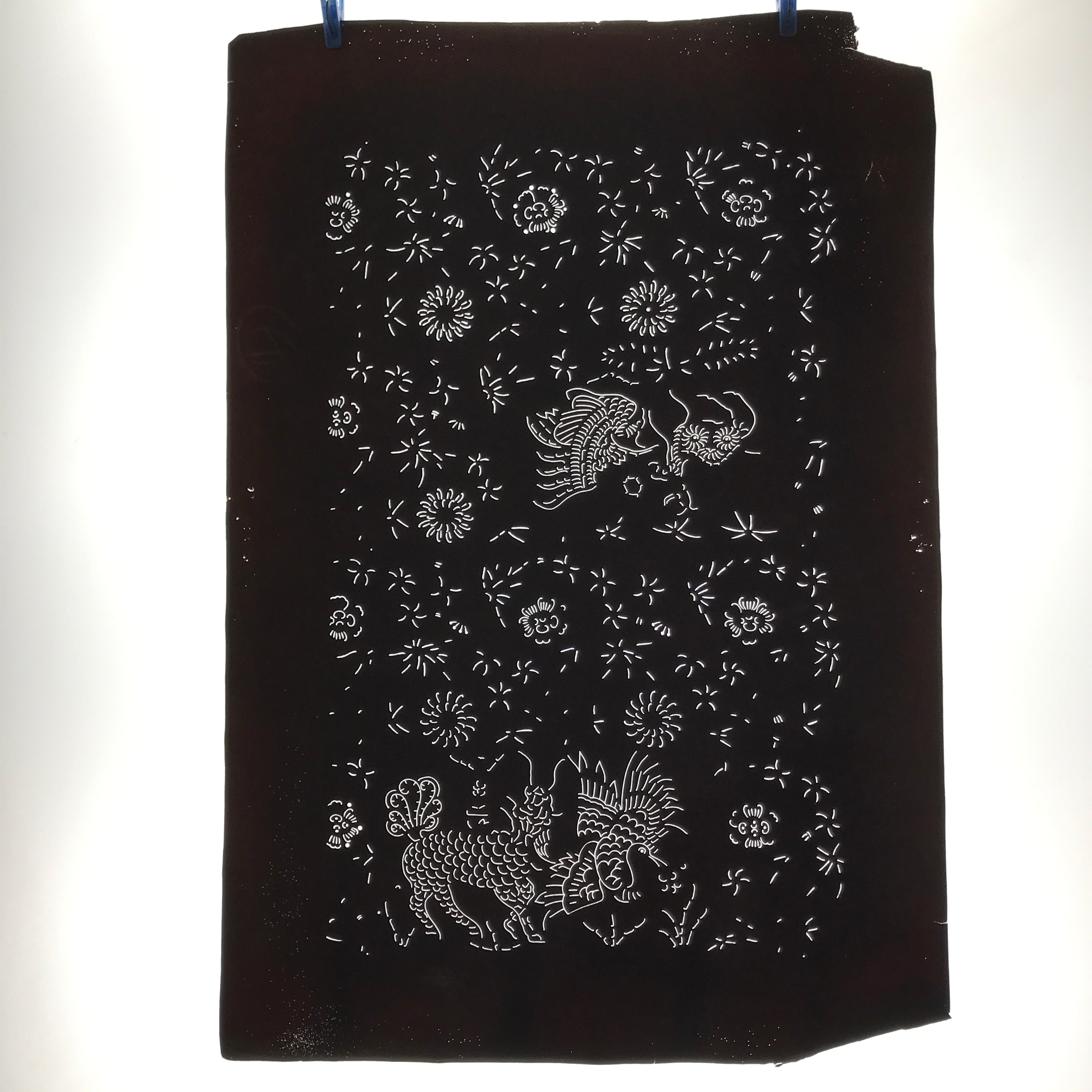 Antique Japanese Katagami Paper Kimono Stencil Katazome Kirin Crane Floral C907