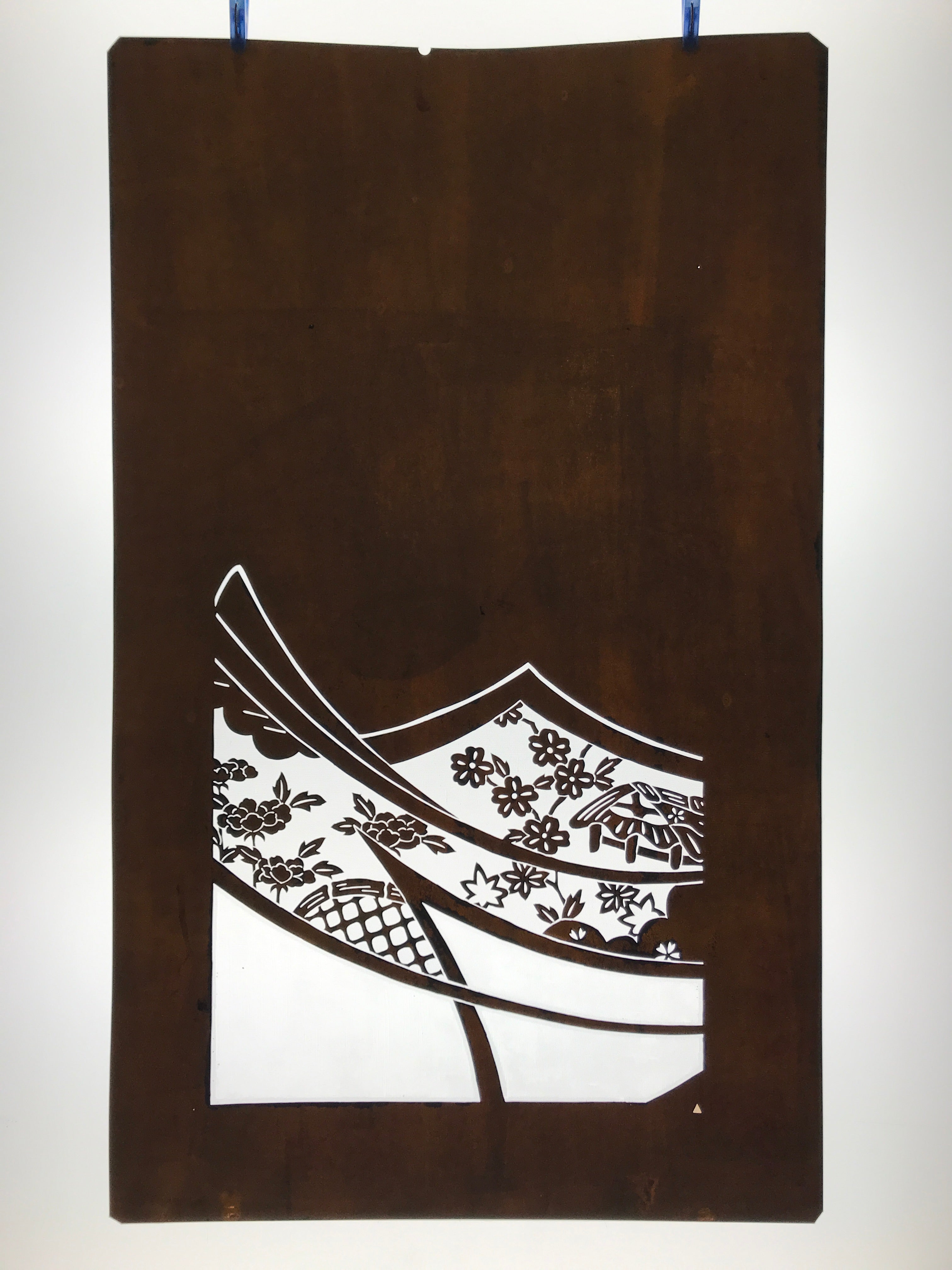 Antique Japanese Katagami Paper Kimono Stencil Katazome Peony Flowers House C962