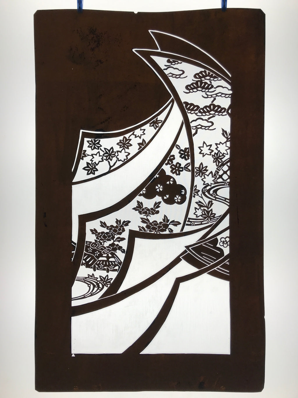 Antique Japanese Katagami Paper Kimono Stencil Katazome Peony Pine House C966