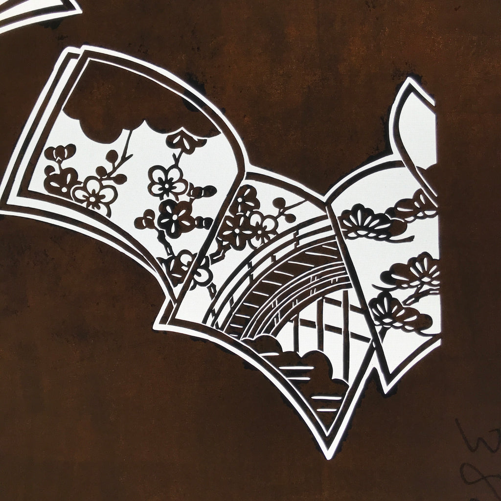 Antique Japanese Katagami Paper Kimono Stencil Katazome Plum Flowers Bridge C963