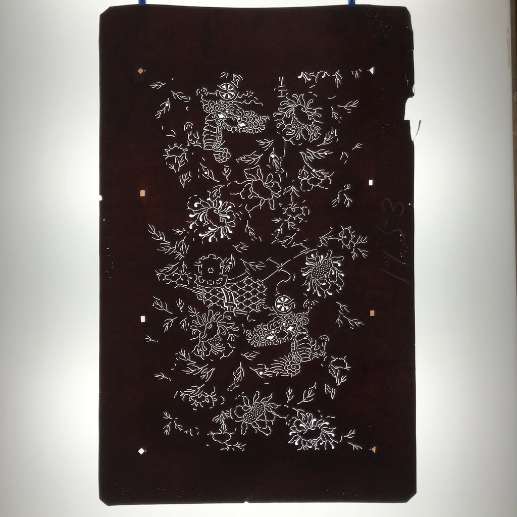 Antique Japanese Katagami Paper Kimono Stencil Katazome Shishi Lion Peony C939