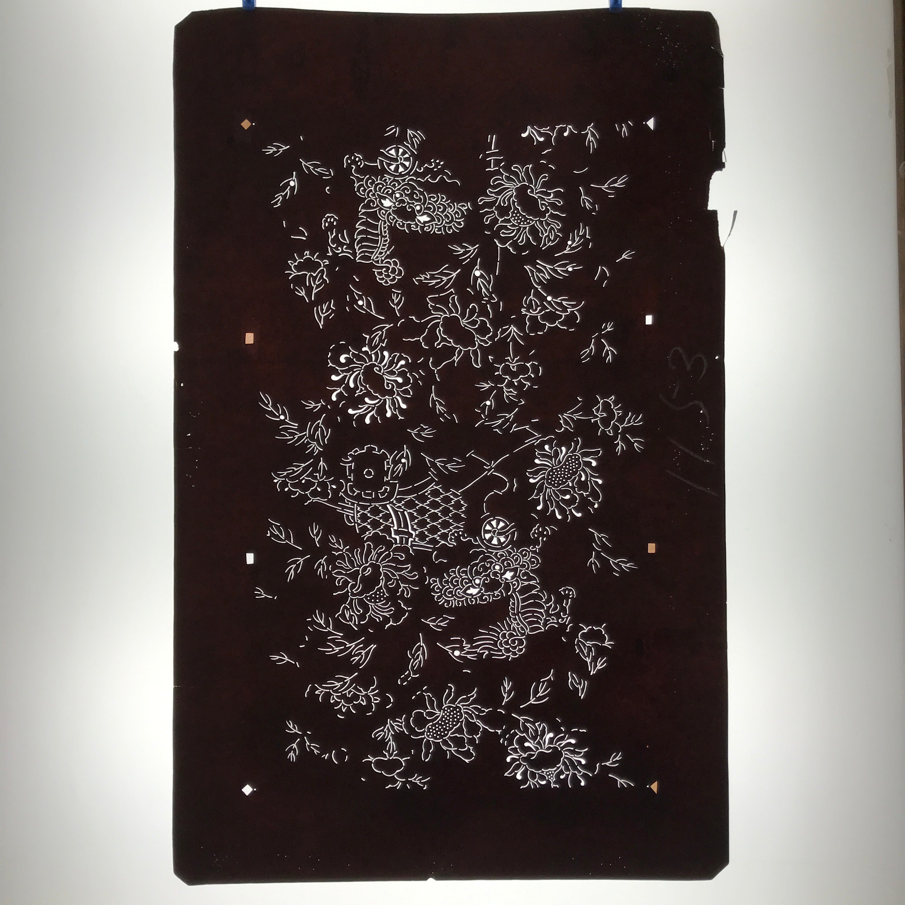 Antique Japanese Katagami Paper Kimono Stencil Katazome Shishi Lion Peony C939