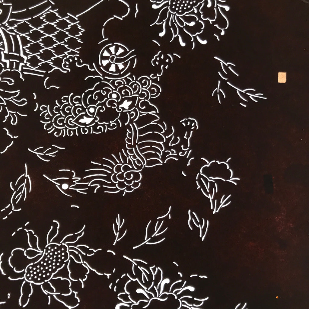 Antique Japanese Katagami Paper Kimono Stencil Katazome Shishi Lion Peony C939