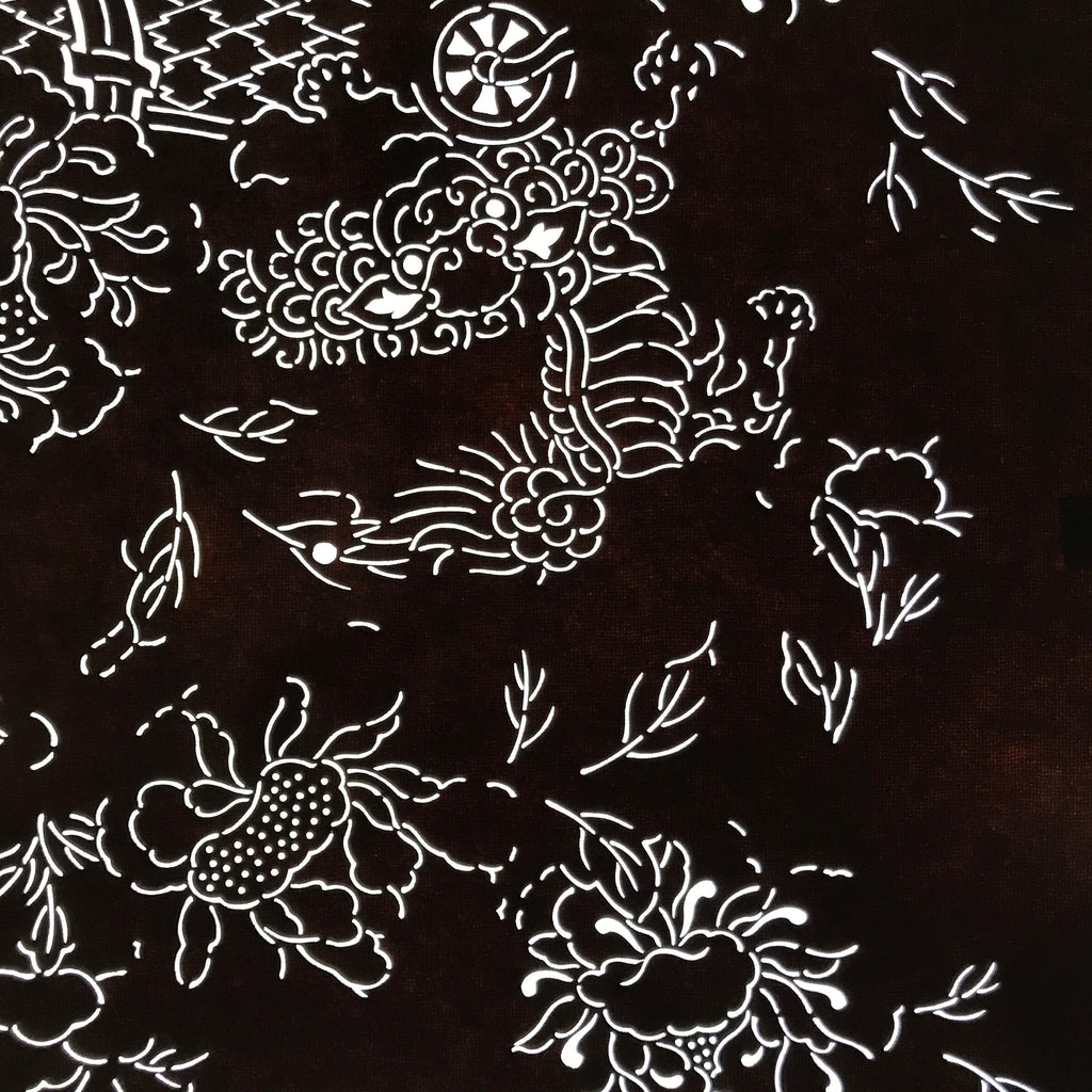 Antique Japanese Katagami Paper Kimono Stencil Katazome Shishi Lion Peony C939