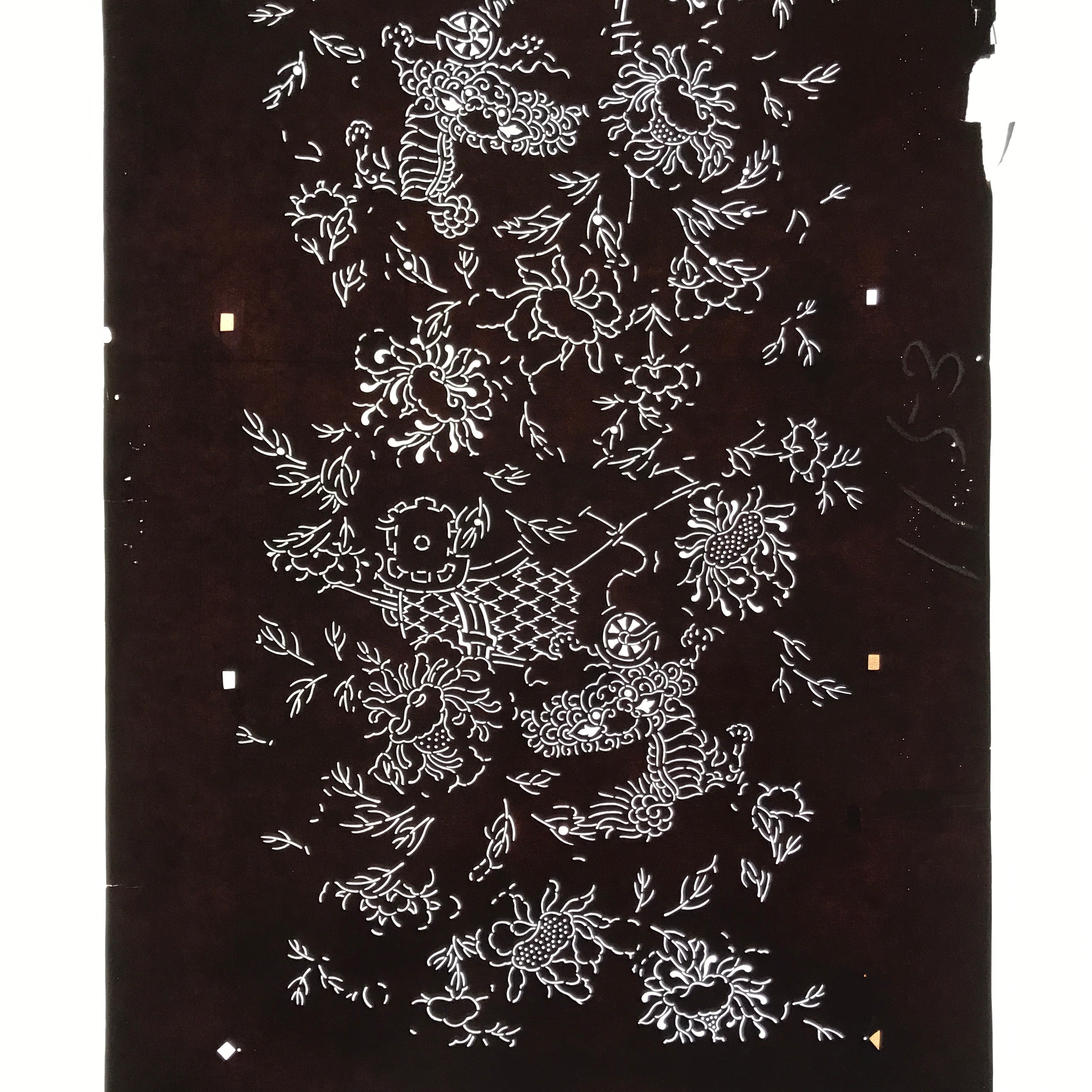 Antique Japanese Katagami Paper Kimono Stencil Katazome Shishi Lion Peony C939