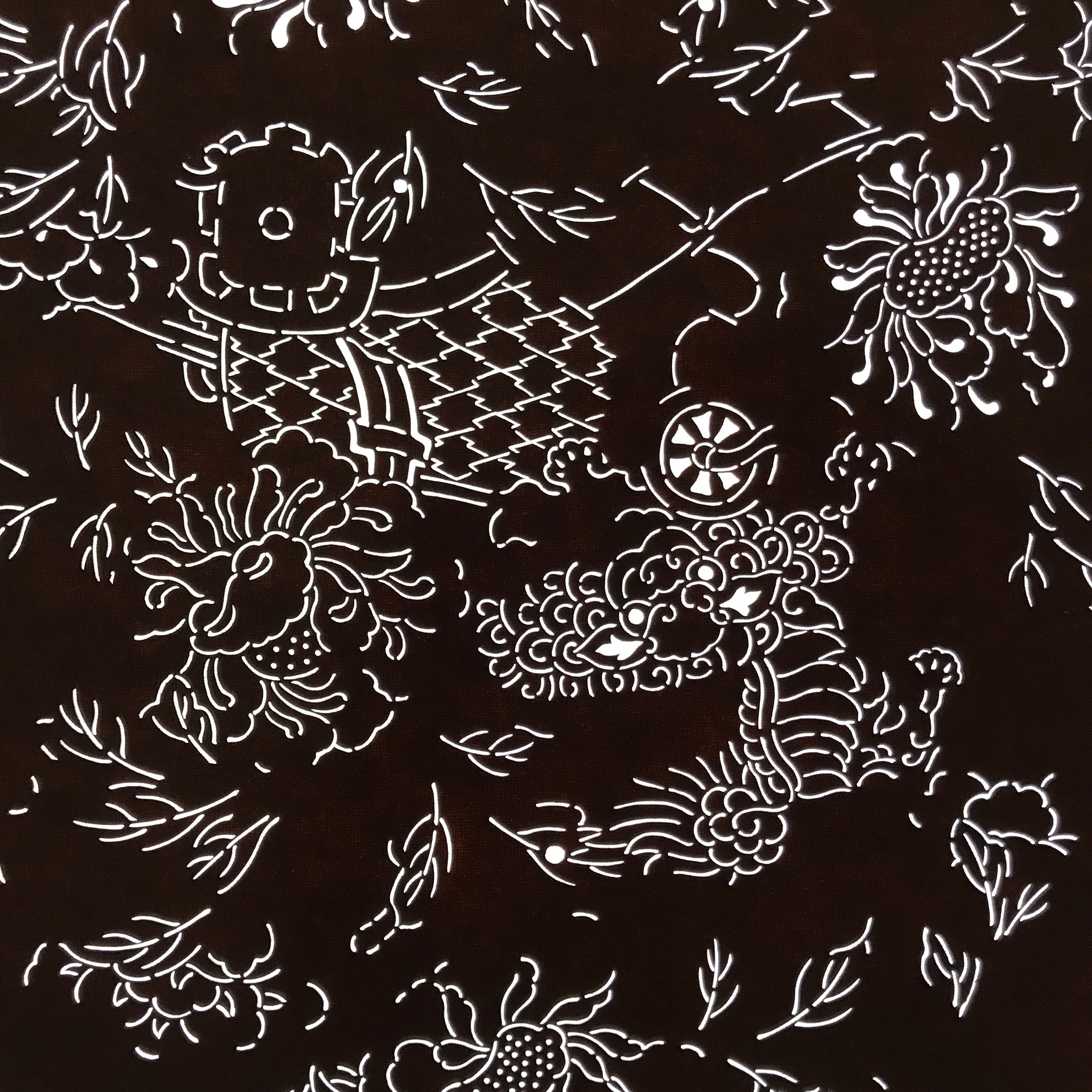 Antique Japanese Katagami Paper Kimono Stencil Katazome Shishi Lion Peony C939