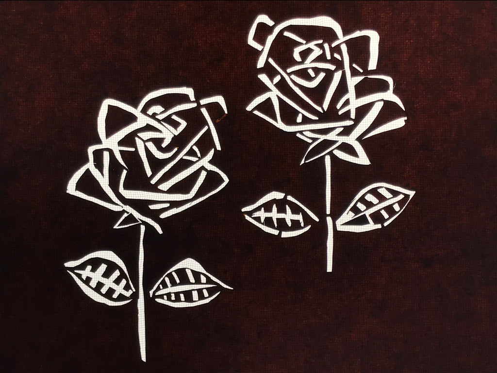 Antique Japanese Katagami Paper Kimono Stencil Katazome Two Roses Bara A797