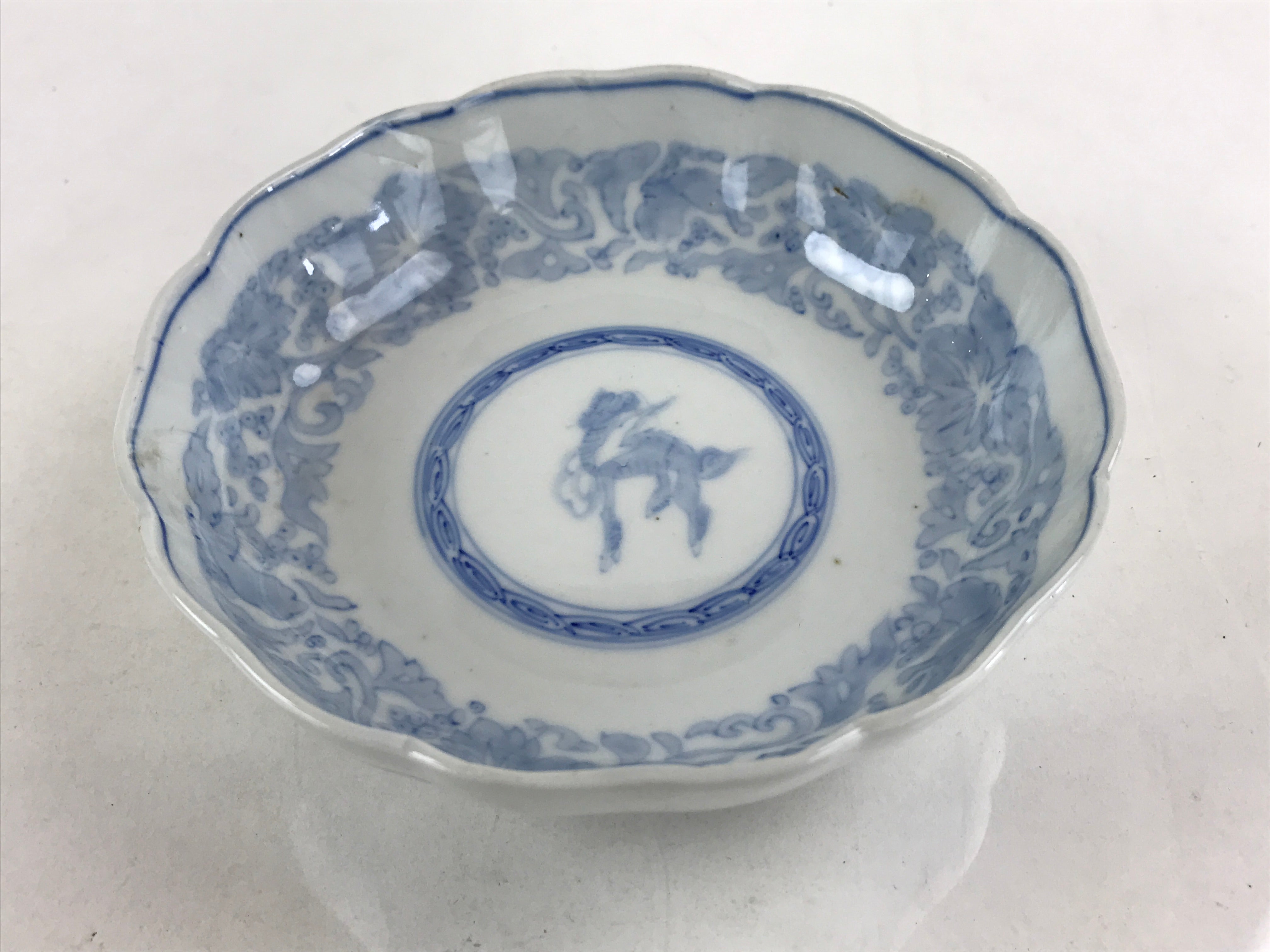 Antique Japanese Koimari Bowl Blue Sometsuke Floral Pattern Shishi Lion PY323