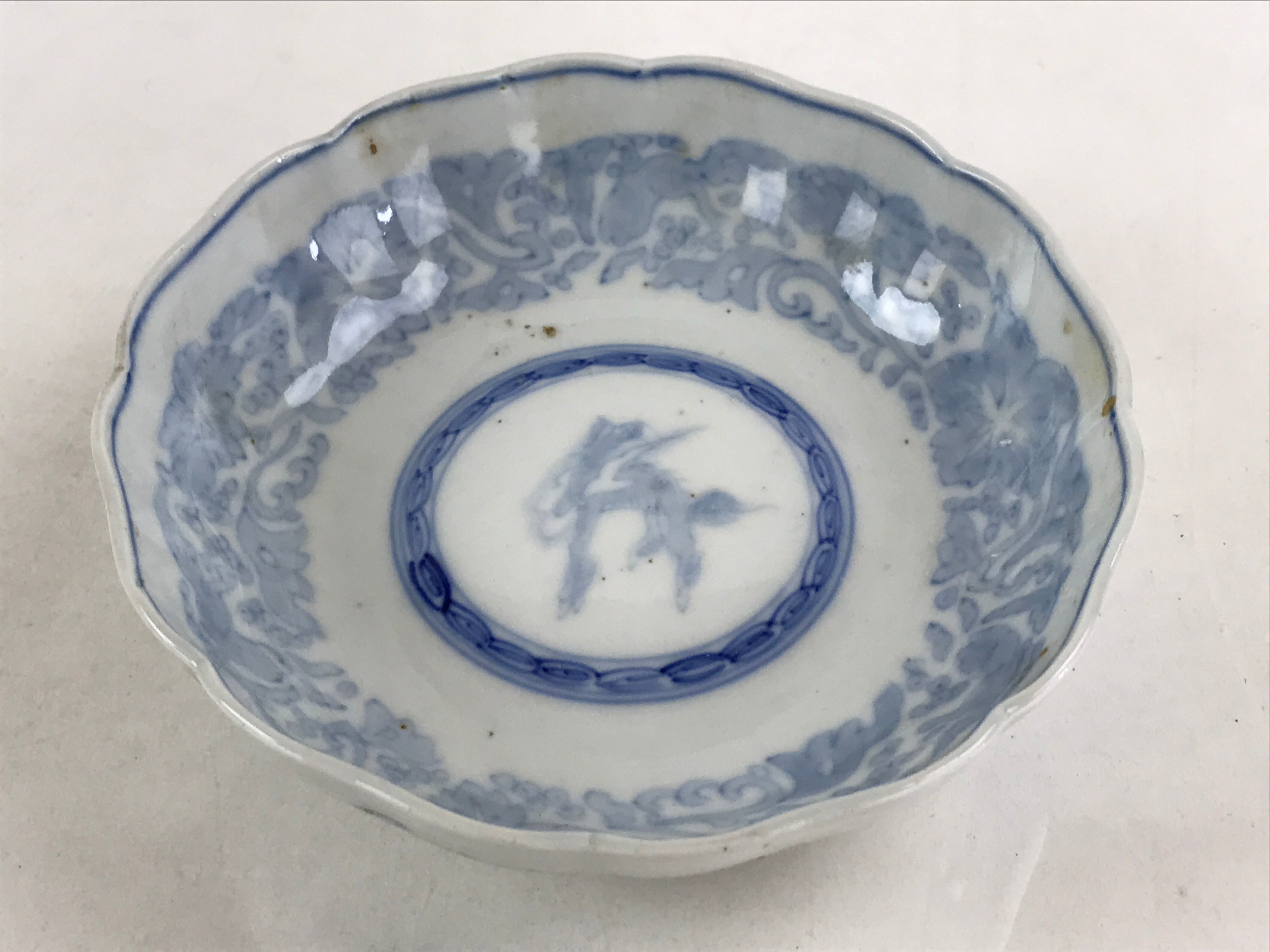 Antique Japanese Koimari Bowl Blue Sometsuke Floral Pattern Shishi Lion PY324