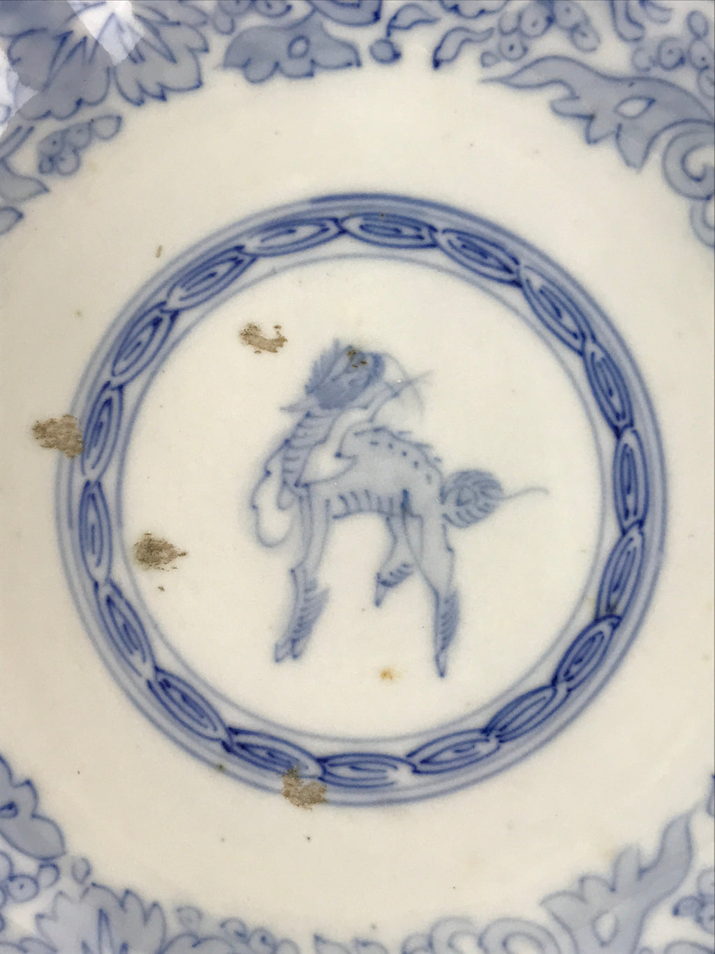 Antique Japanese Koimari Bowl Blue Sometsuke Floral Pattern Shishi Lion PY325