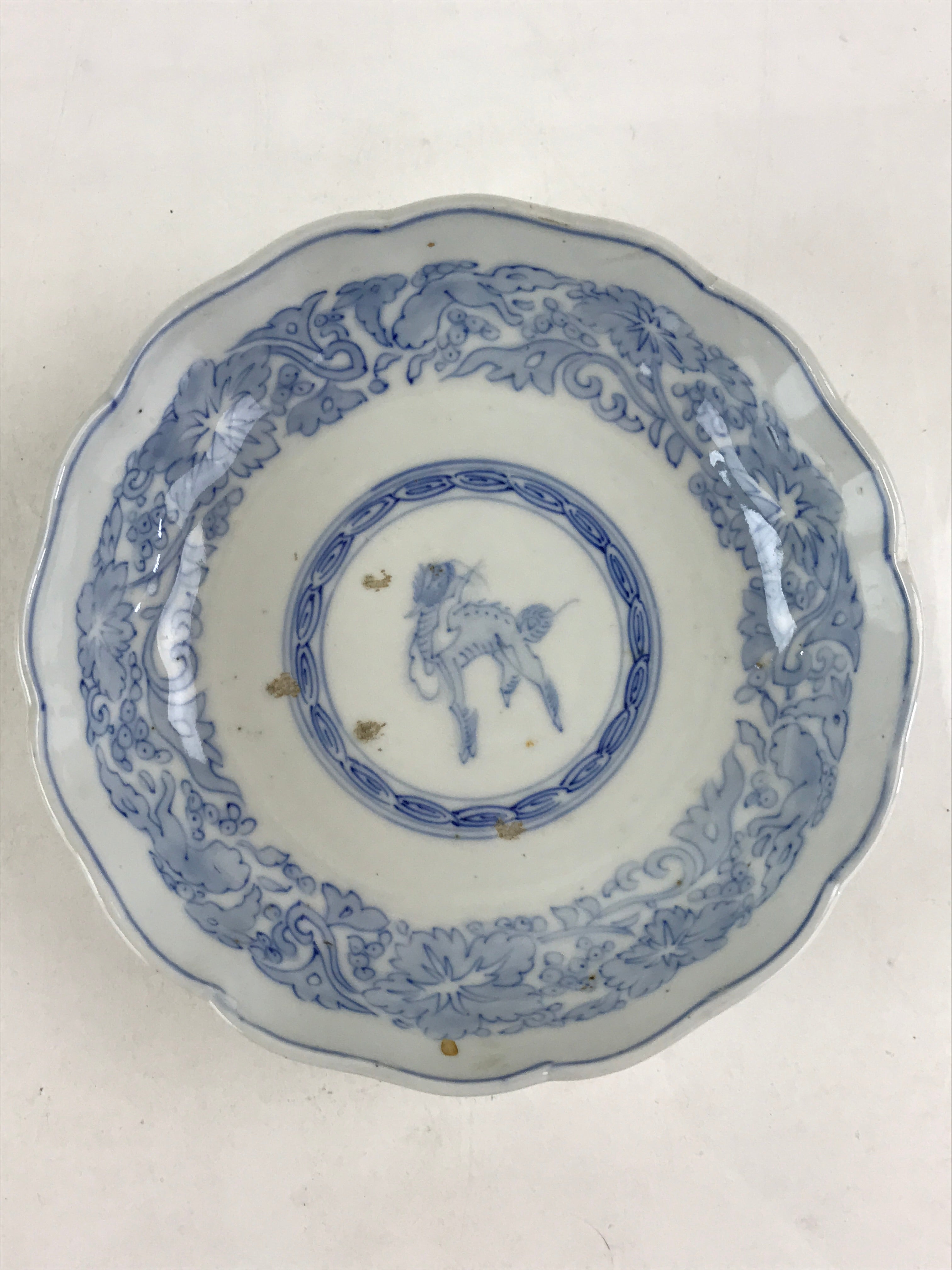 Antique Japanese Koimari Bowl Blue Sometsuke Floral Pattern Shishi Lion PY325