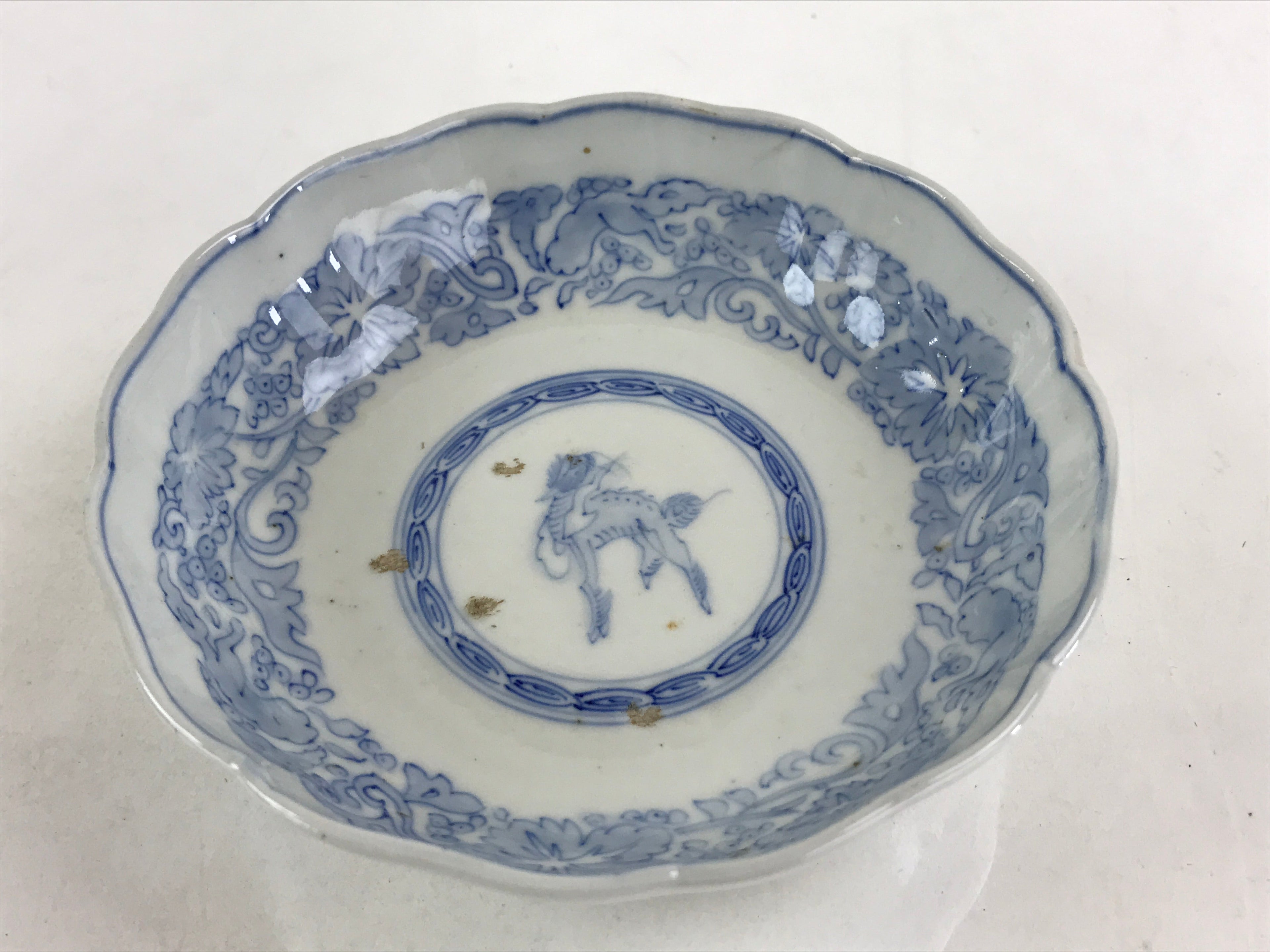 Antique Japanese Koimari Bowl Blue Sometsuke Floral Pattern Shishi Lion PY325