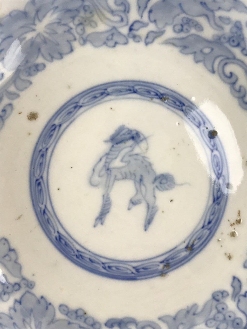 Antique Japanese Koimari Bowl Blue Sometsuke Floral Pattern Shishi Lion PY326