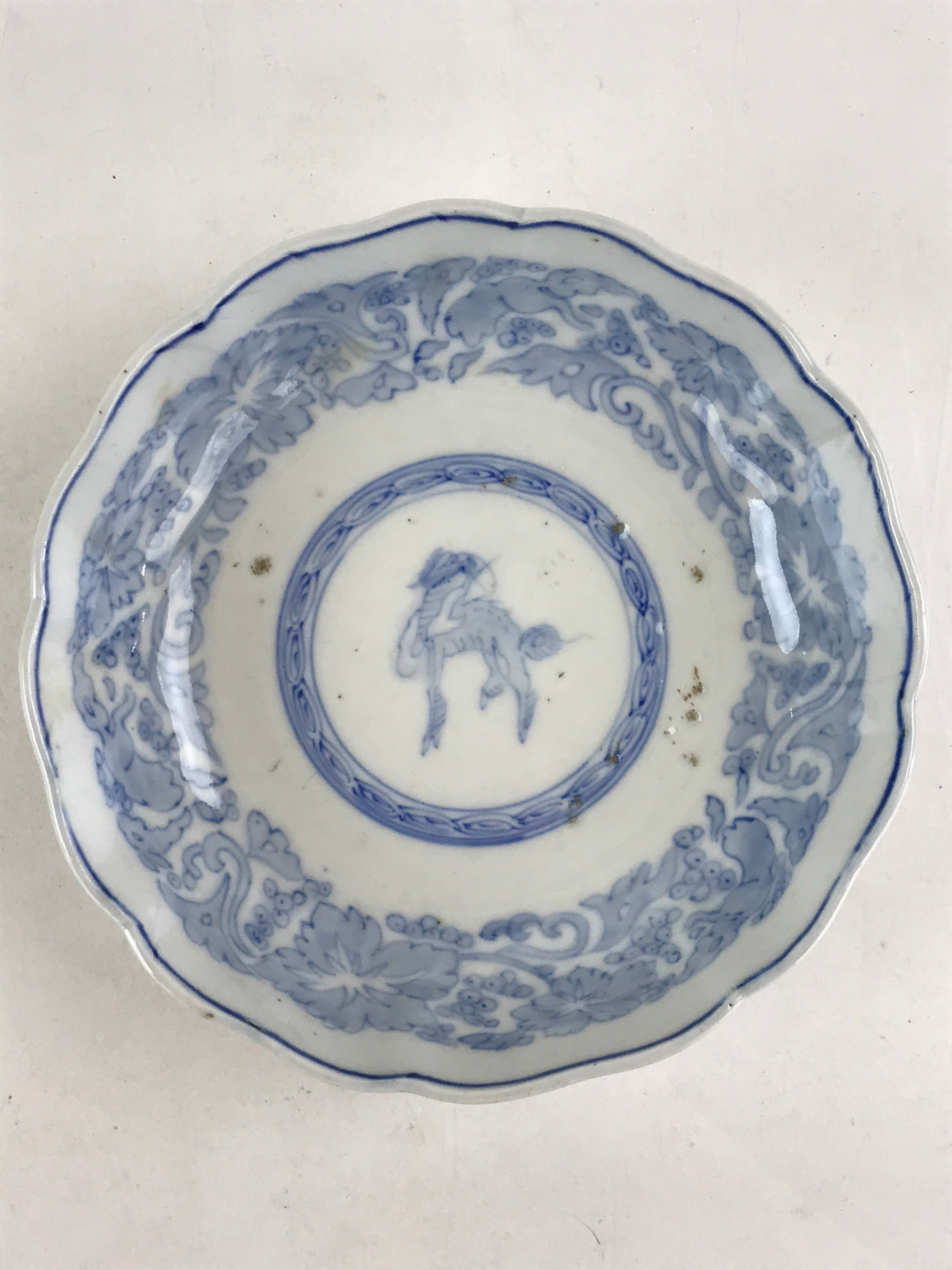 Antique Japanese Koimari Bowl Blue Sometsuke Floral Pattern Shishi Lion PY326