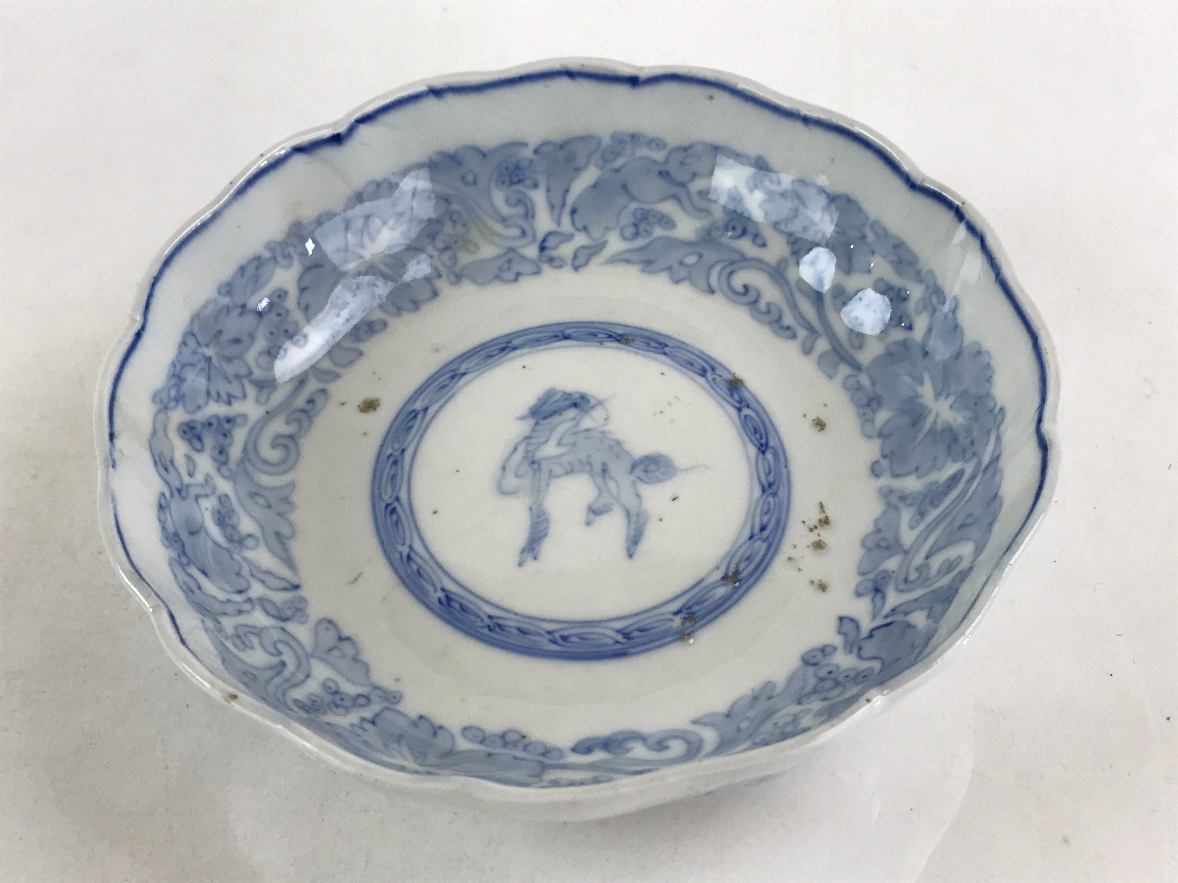 Antique Japanese Koimari Bowl Blue Sometsuke Floral Pattern Shishi Lion PY326