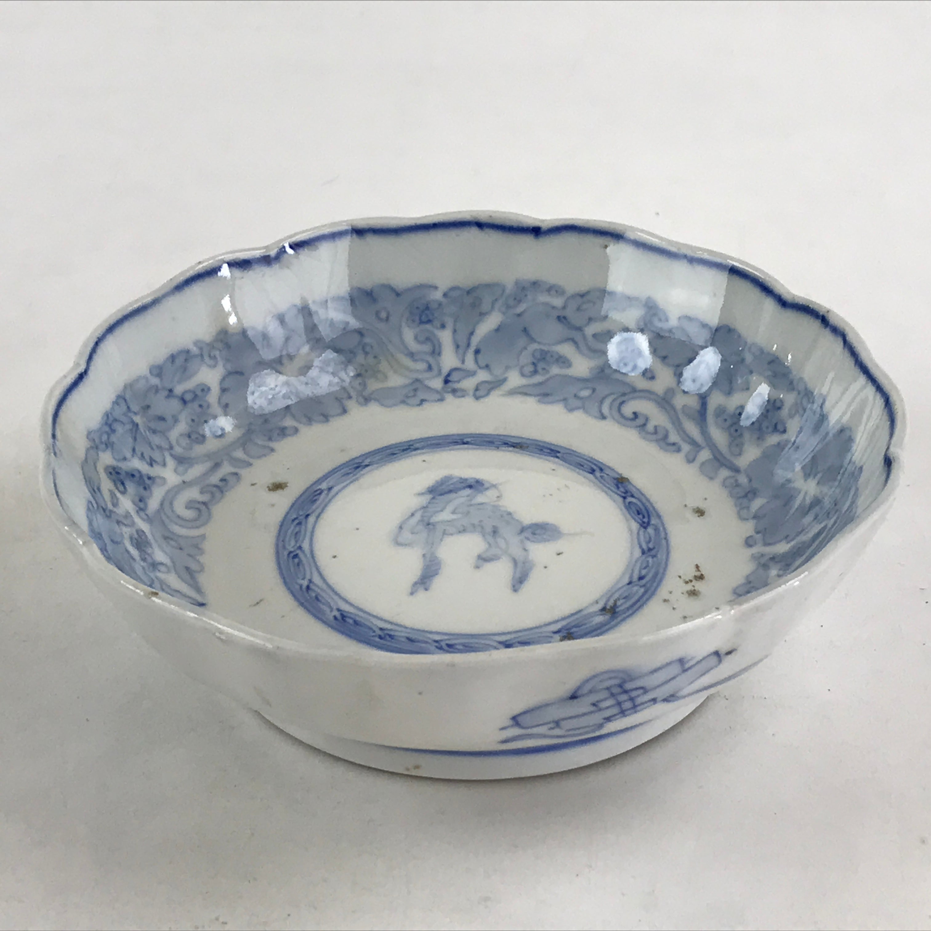 Antique Japanese Koimari Bowl Blue Sometsuke Floral Pattern Shishi Lion PY326