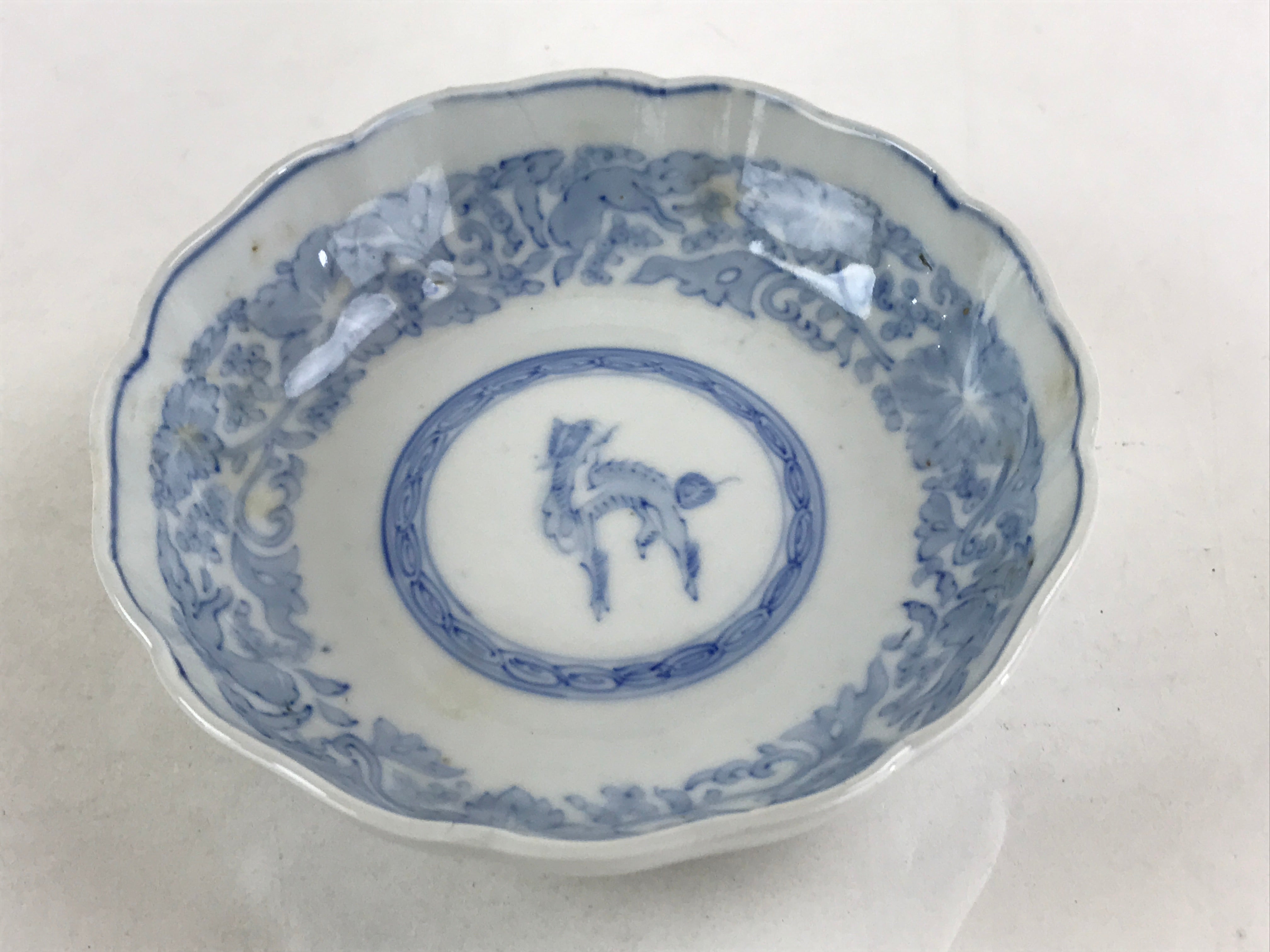 Antique Japanese Koimari Bowl Blue Sometsuke Floral Pattern Shishi Lion PY329