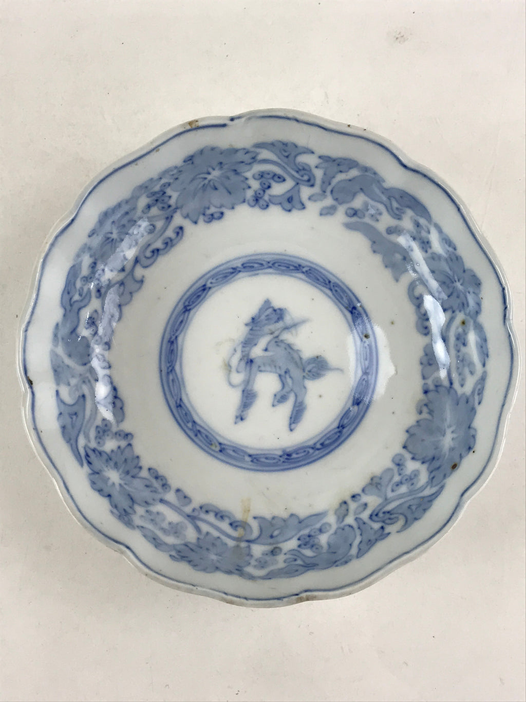 Antique Japanese Koimari Bowl Blue Sometsuke Floral Pattern Shishi Lion PY341