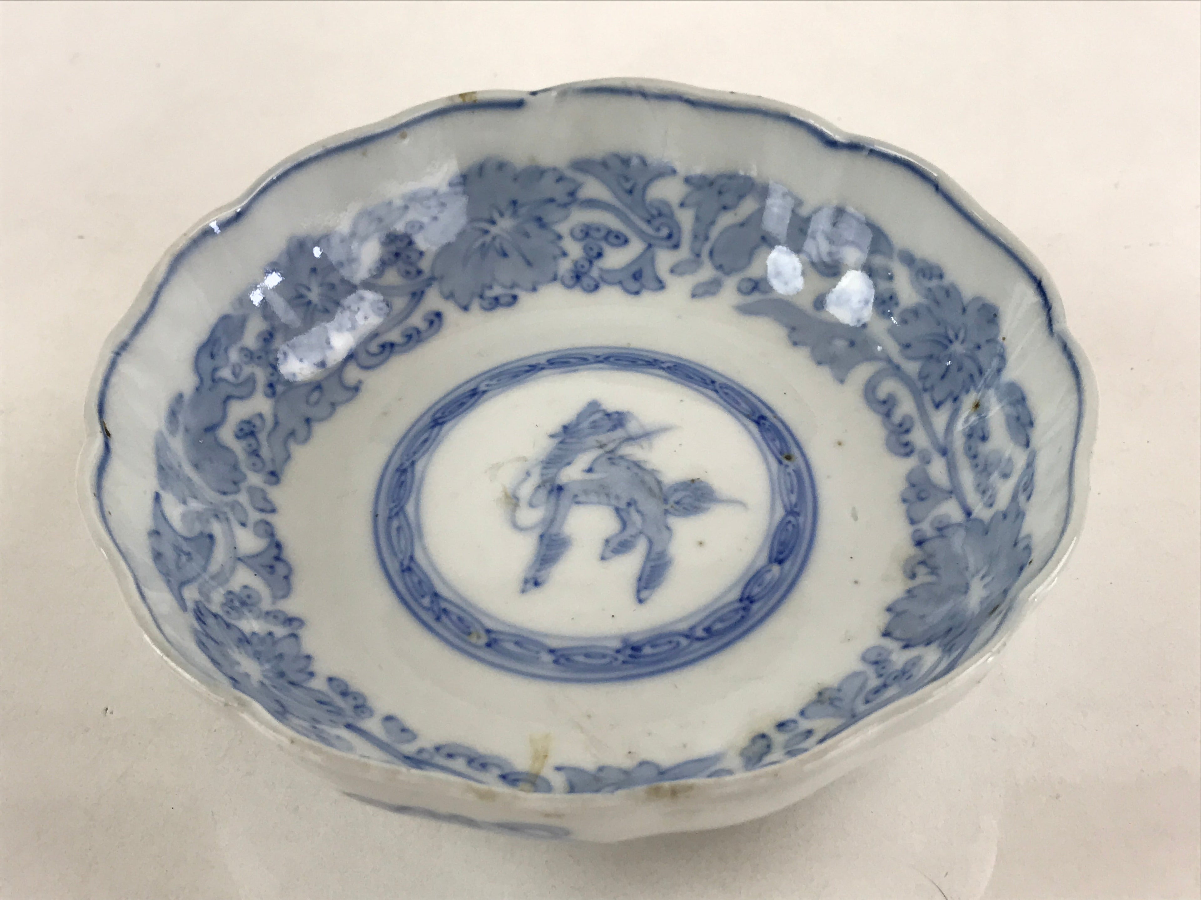 Antique Japanese Koimari Bowl Blue Sometsuke Floral Pattern Shishi Lion PY341