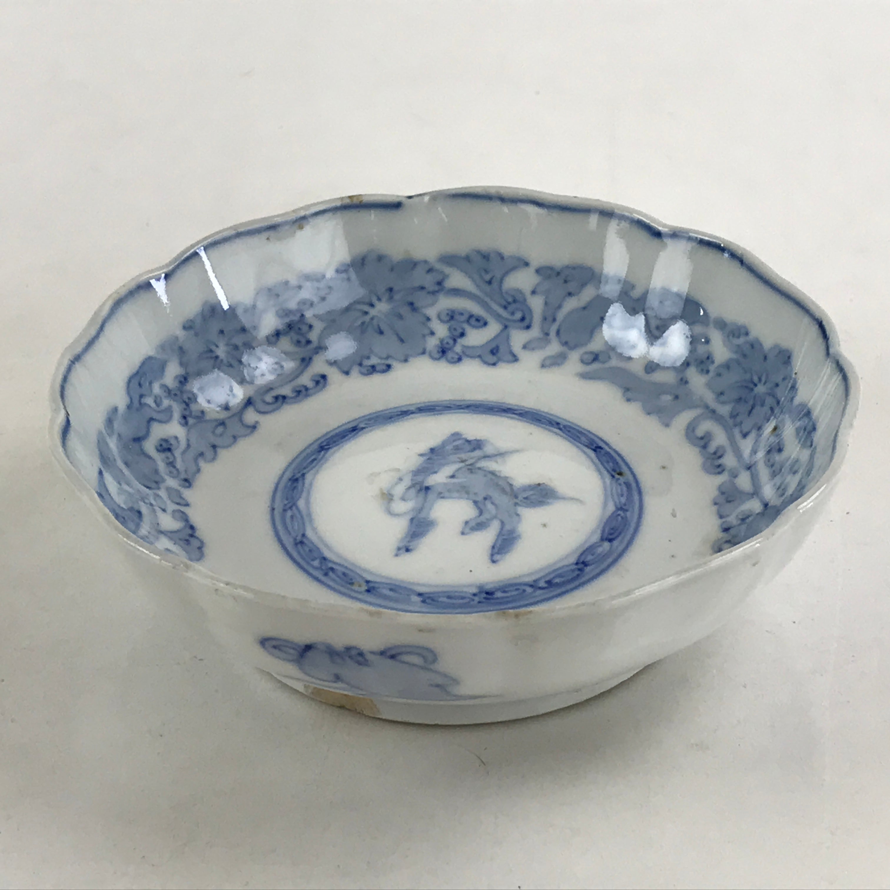 Antique Japanese Koimari Bowl Blue Sometsuke Floral Pattern Shishi Lion PY341