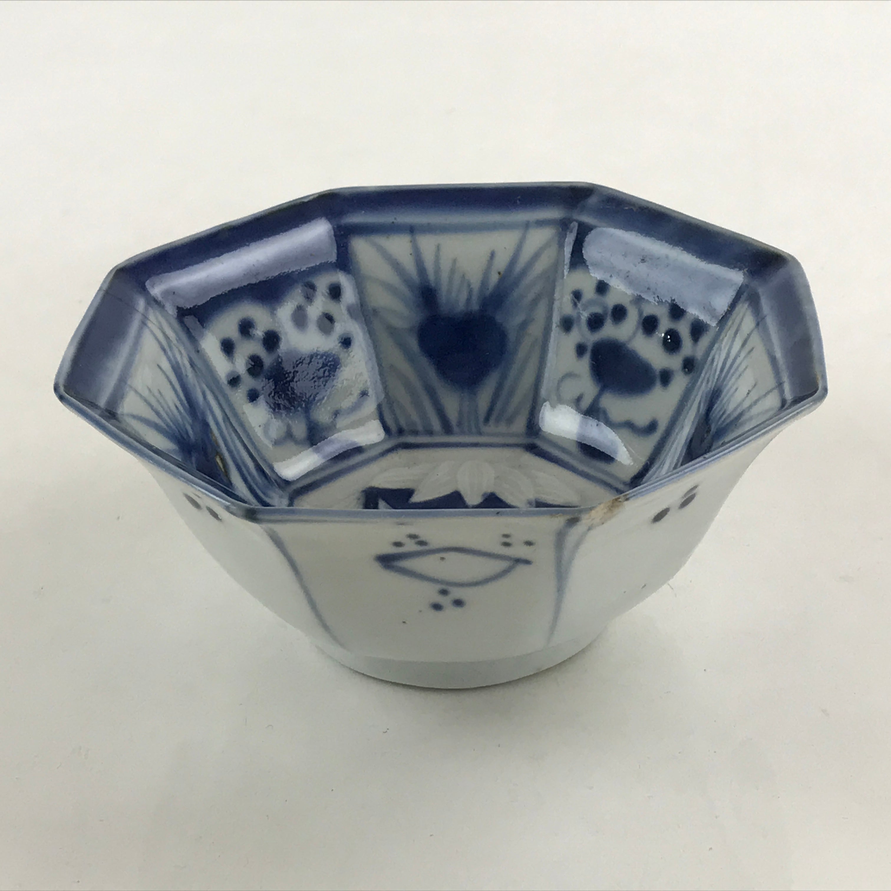 Antique Japanese Koimari Bowl Hachi Blue Sometsuke White Paint Flower Bird PY348