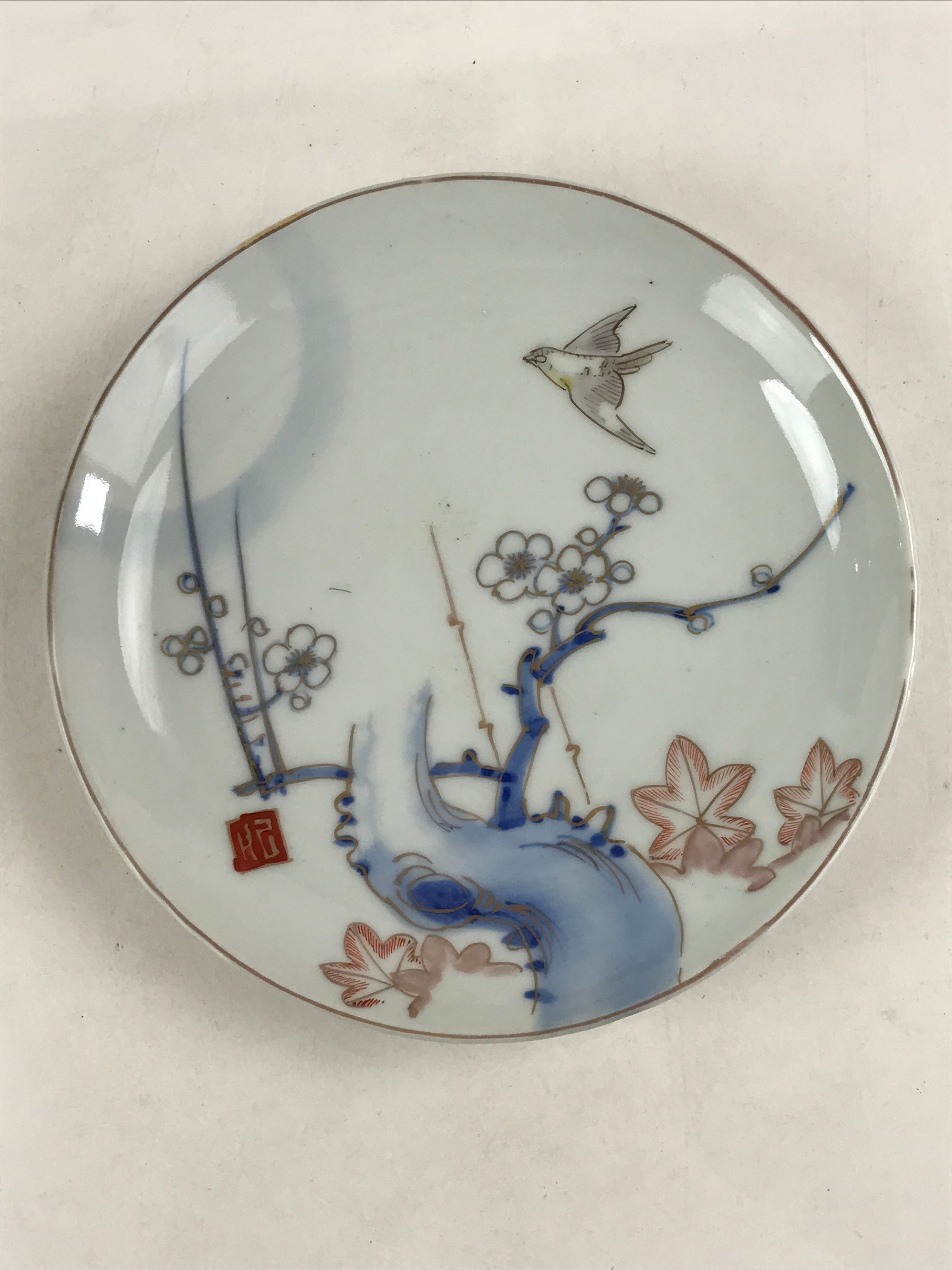 Antique Japanese Koimari Imari Plate Plum Blossom Nightingale Kozara Gold P372