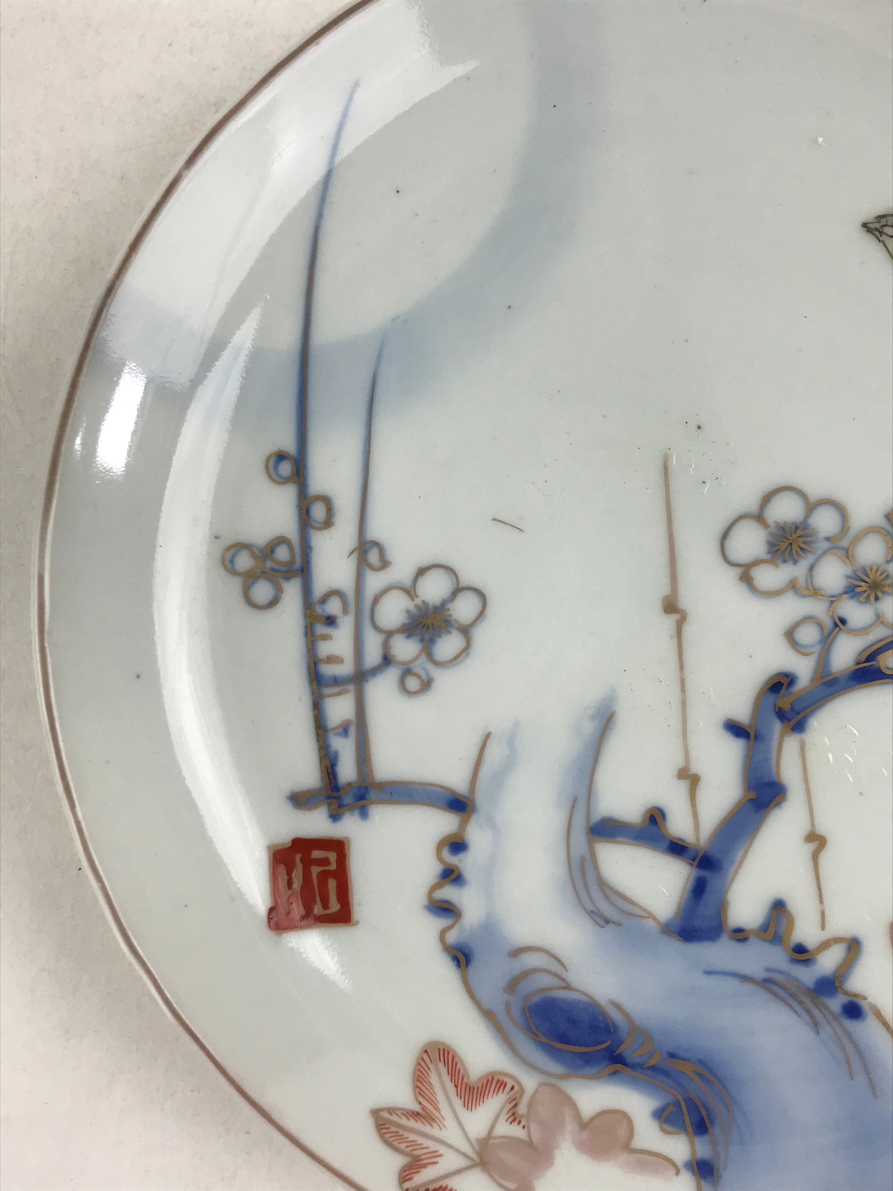 Antique Japanese Koimari Imari Plate Plum Blossom Nightingale Kozara Gold P372