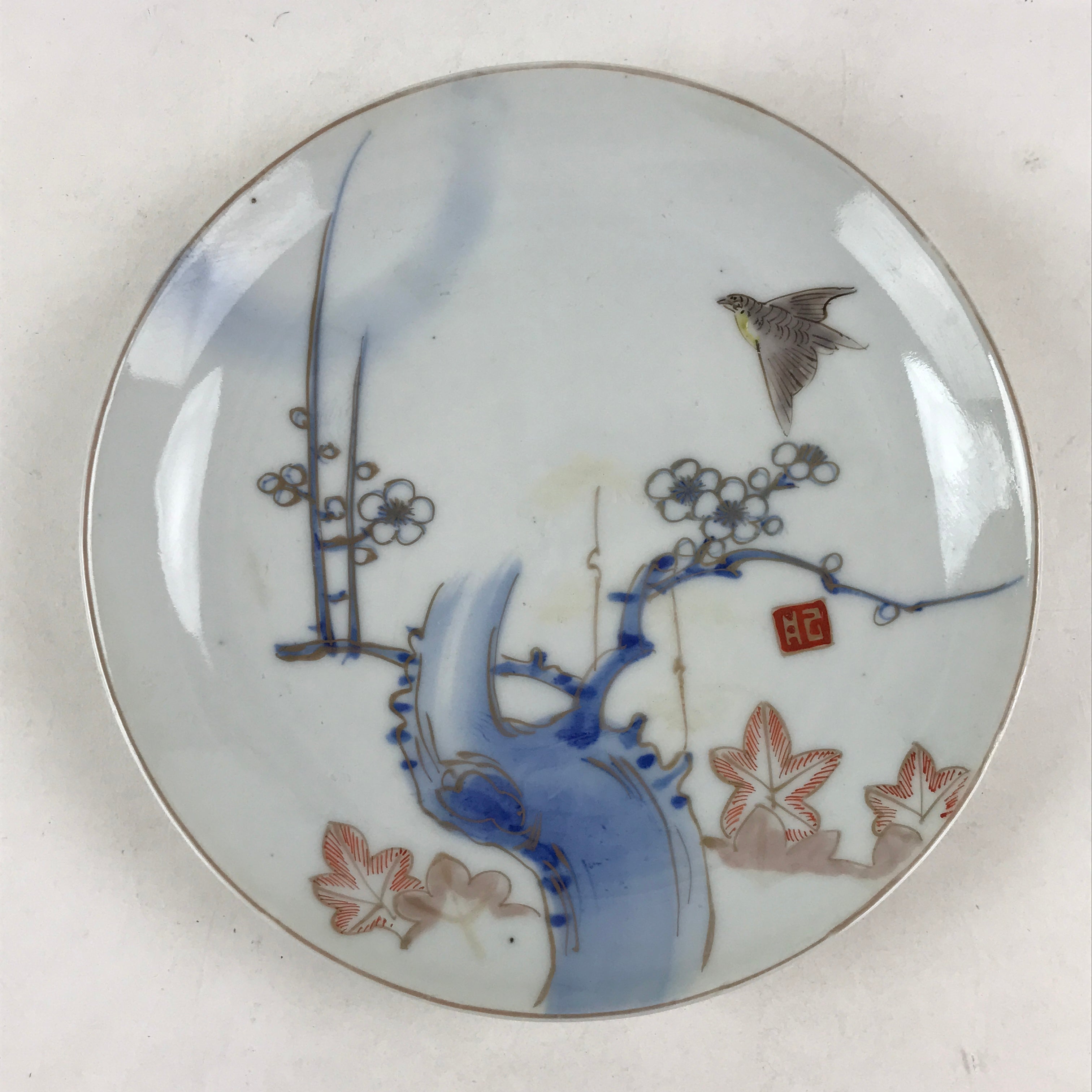 Antique Japanese Koimari Imari Plate Plum Blossom Nightingale Kozara Gold PY352