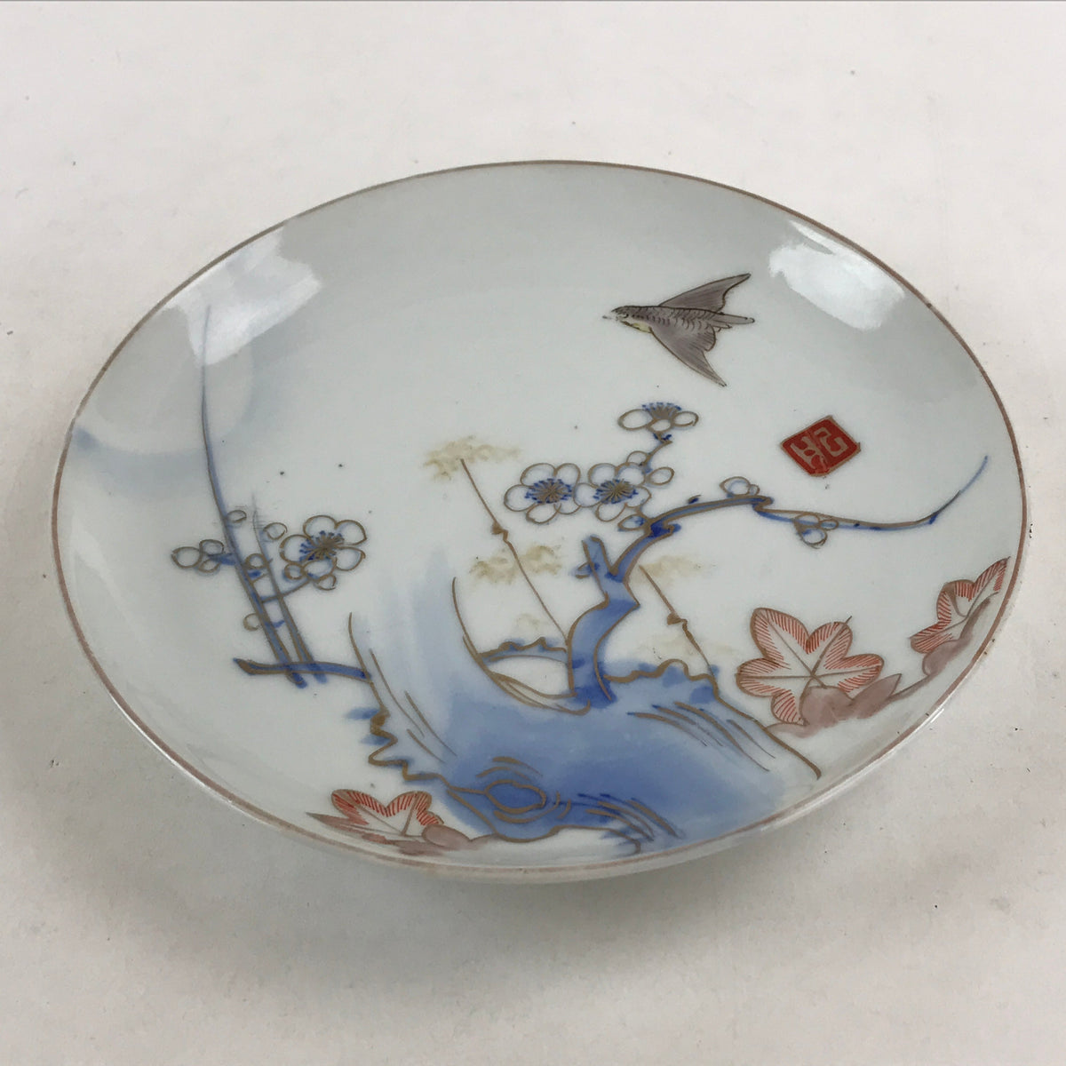 Antique Japanese Koimari Imari Plate Plum Blossom Nightingale Kozara Gold PY354