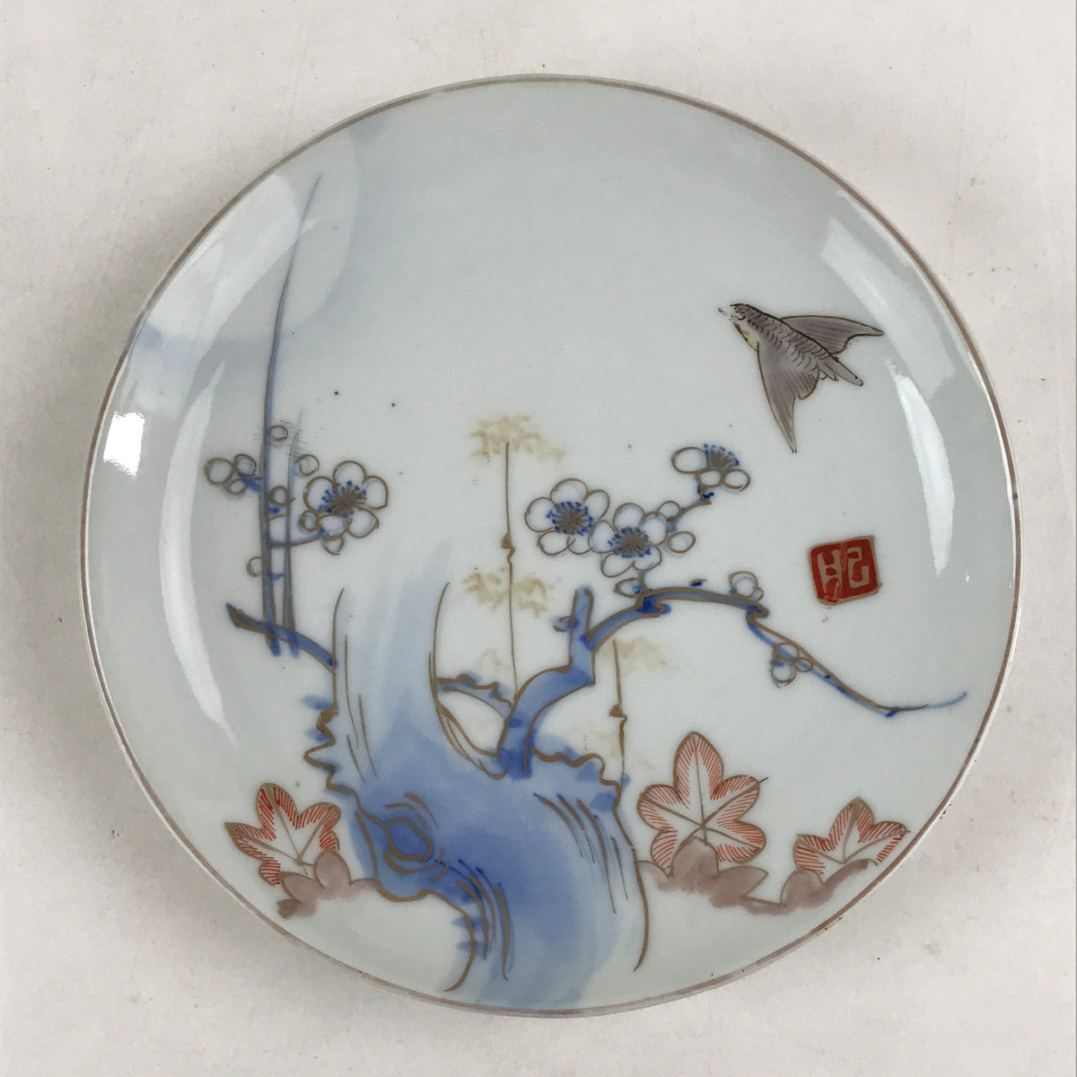 Antique Japanese Koimari Imari Plate Plum Blossom Nightingale Kozara Gold PY354