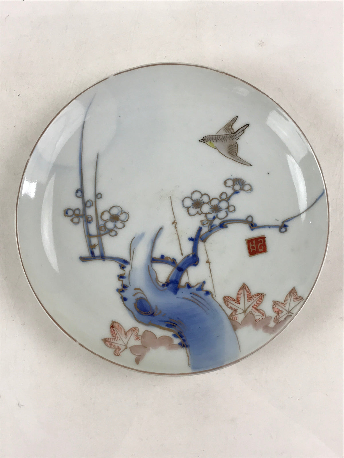 Antique Japanese Koimari Imari Plate Plum Blossom Nightingale Kozara Gold PY355