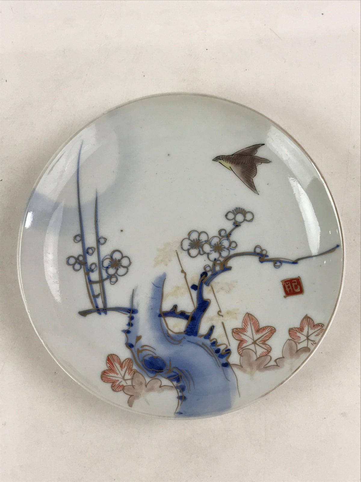 Antique Japanese Koimari Imari Plate Plum Blossom Nightingale Kozara Gold PY356