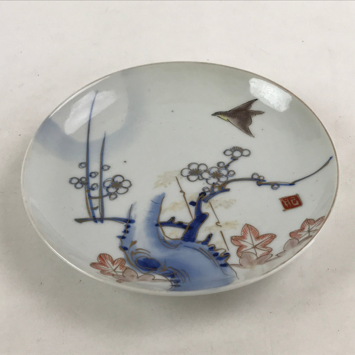 Antique Japanese Koimari Imari Plate Plum Blossom Nightingale Kozara Gold PY356