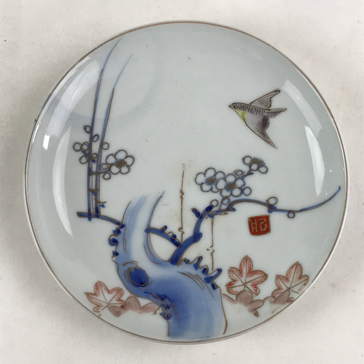 Antique Japanese Koimari Imari Plate Plum Blossom Nightingale Kozara Gold PY358