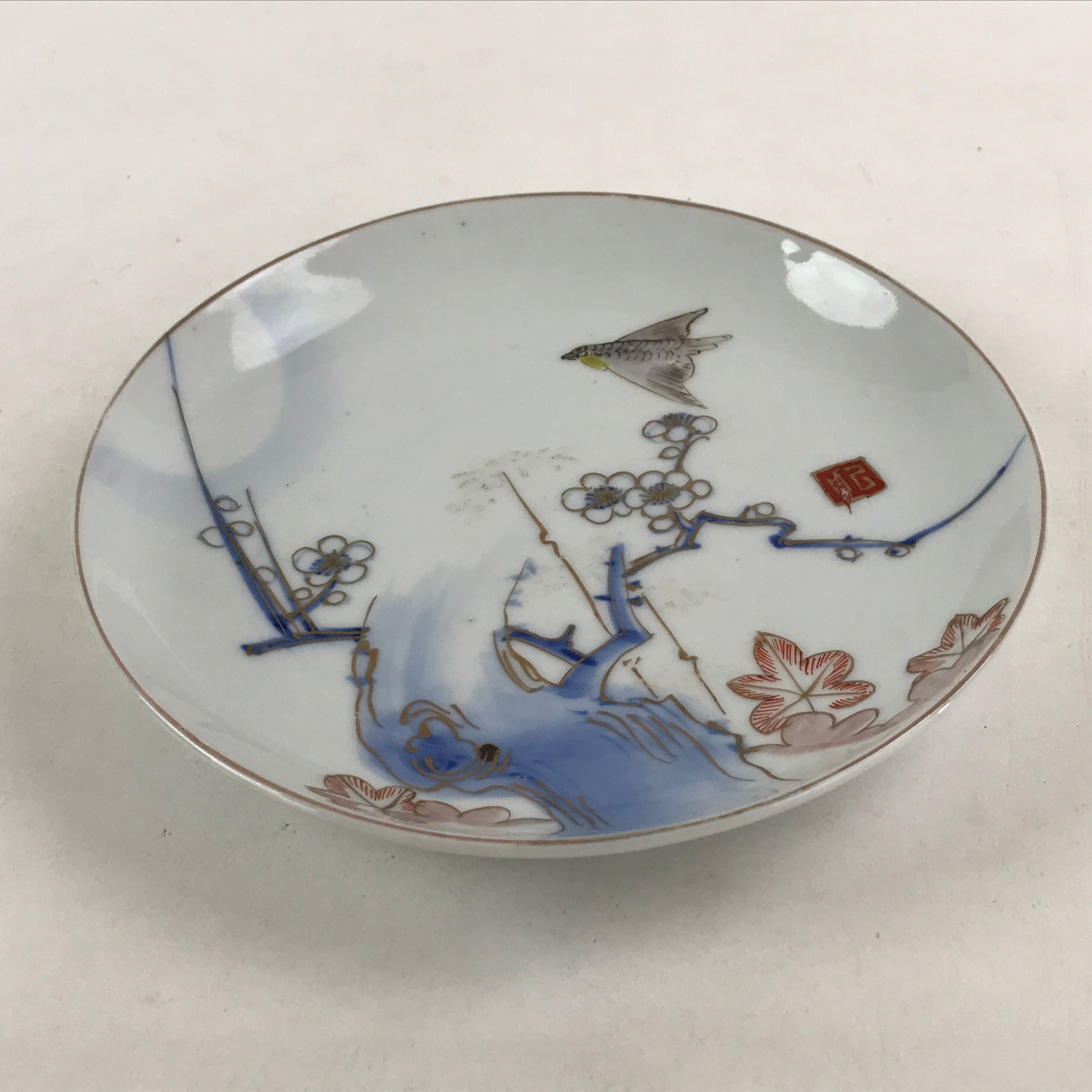 Antique Japanese Koimari Imari Plate Plum Blossom Nightingale Kozara Gold PY359