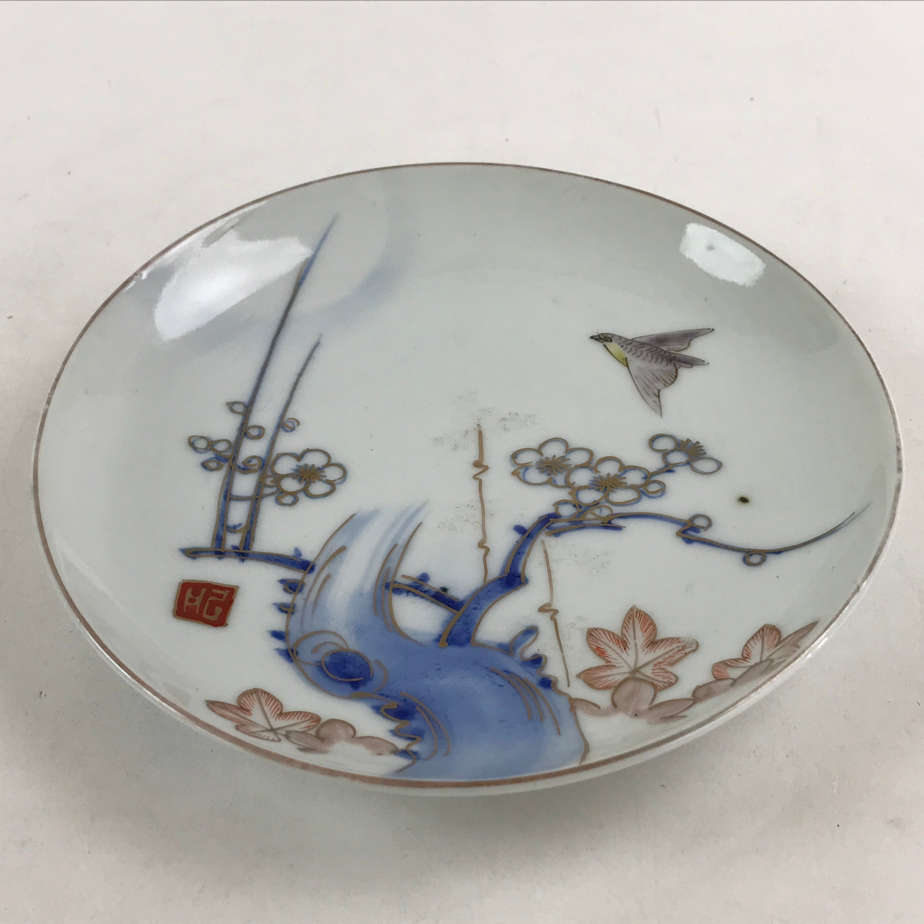 Antique Japanese Koimari Imari Plate Plum Blossom Nightingale Kozara Gold PY360