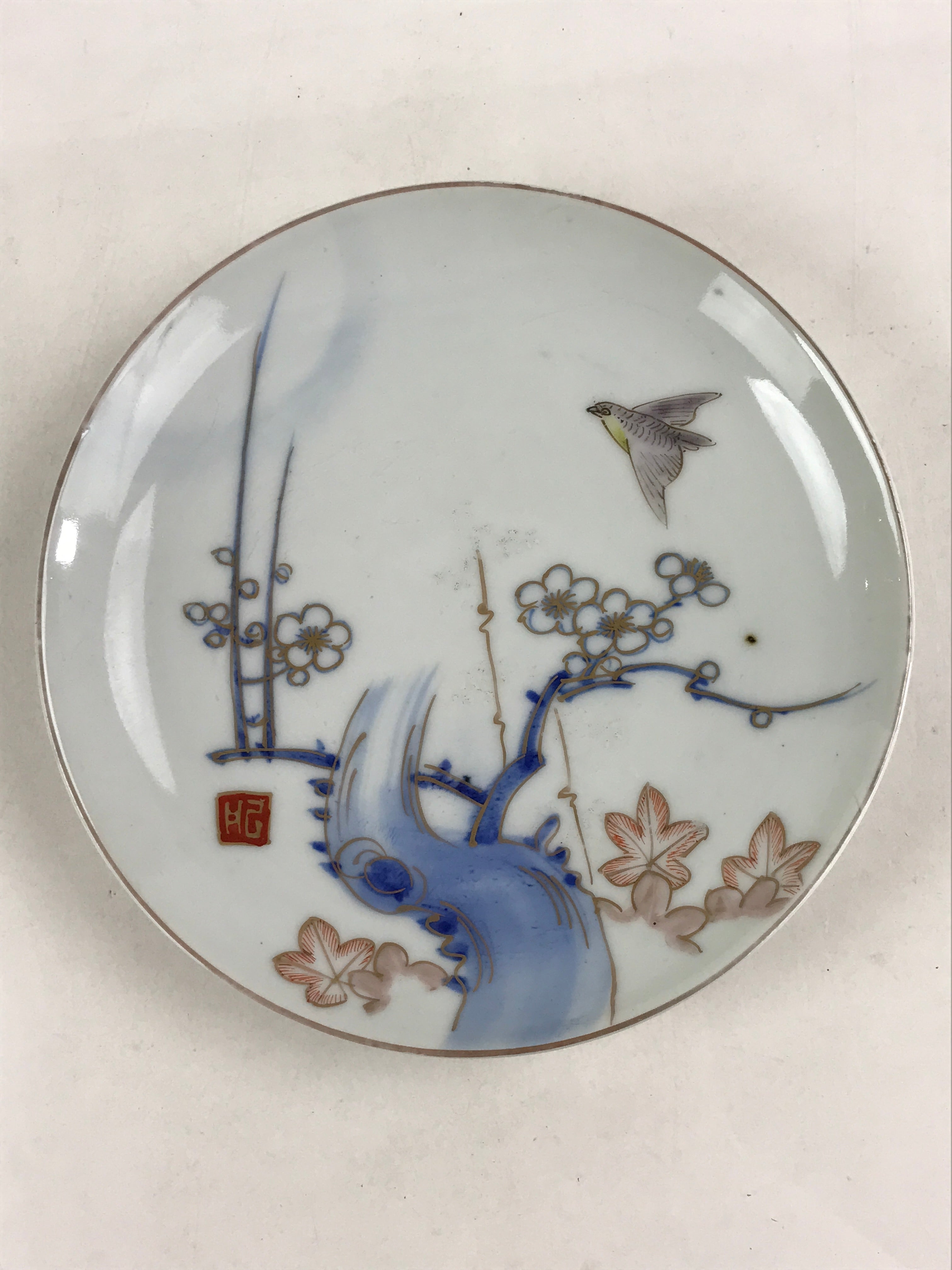 Antique Japanese Koimari Imari Plate Plum Blossom Nightingale Kozara Gold PY360