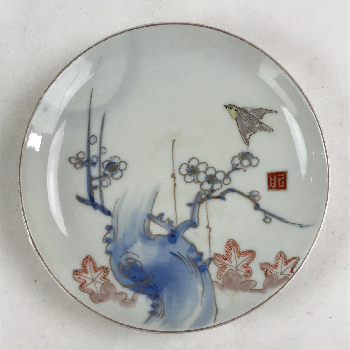 Antique Japanese Koimari Imari Plate Plum Blossom Nightingale Kozara Gold PY361