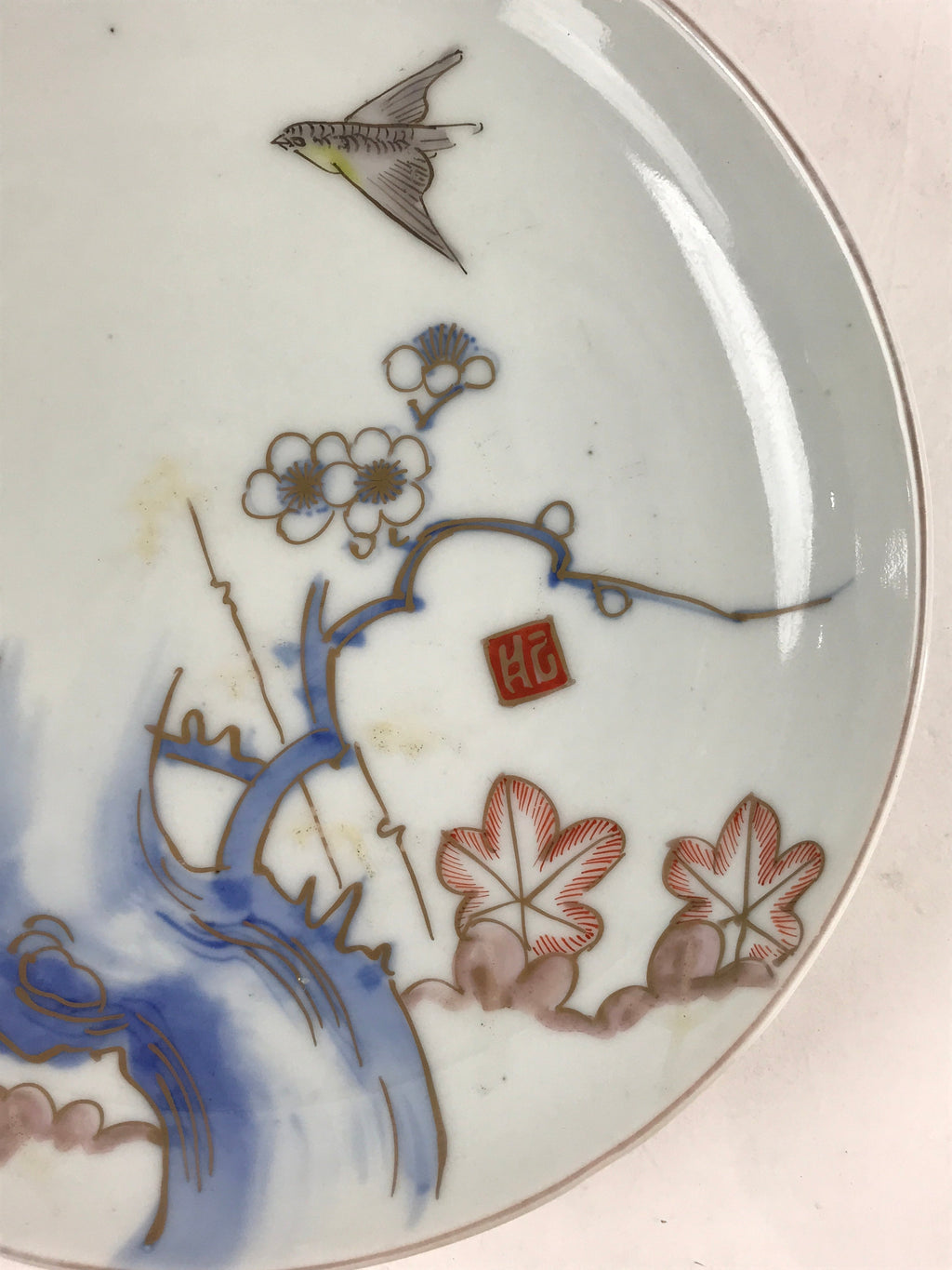 Antique Japanese Koimari Imari Plate Plum Blossom Nightingale Kozara Gold PY364
