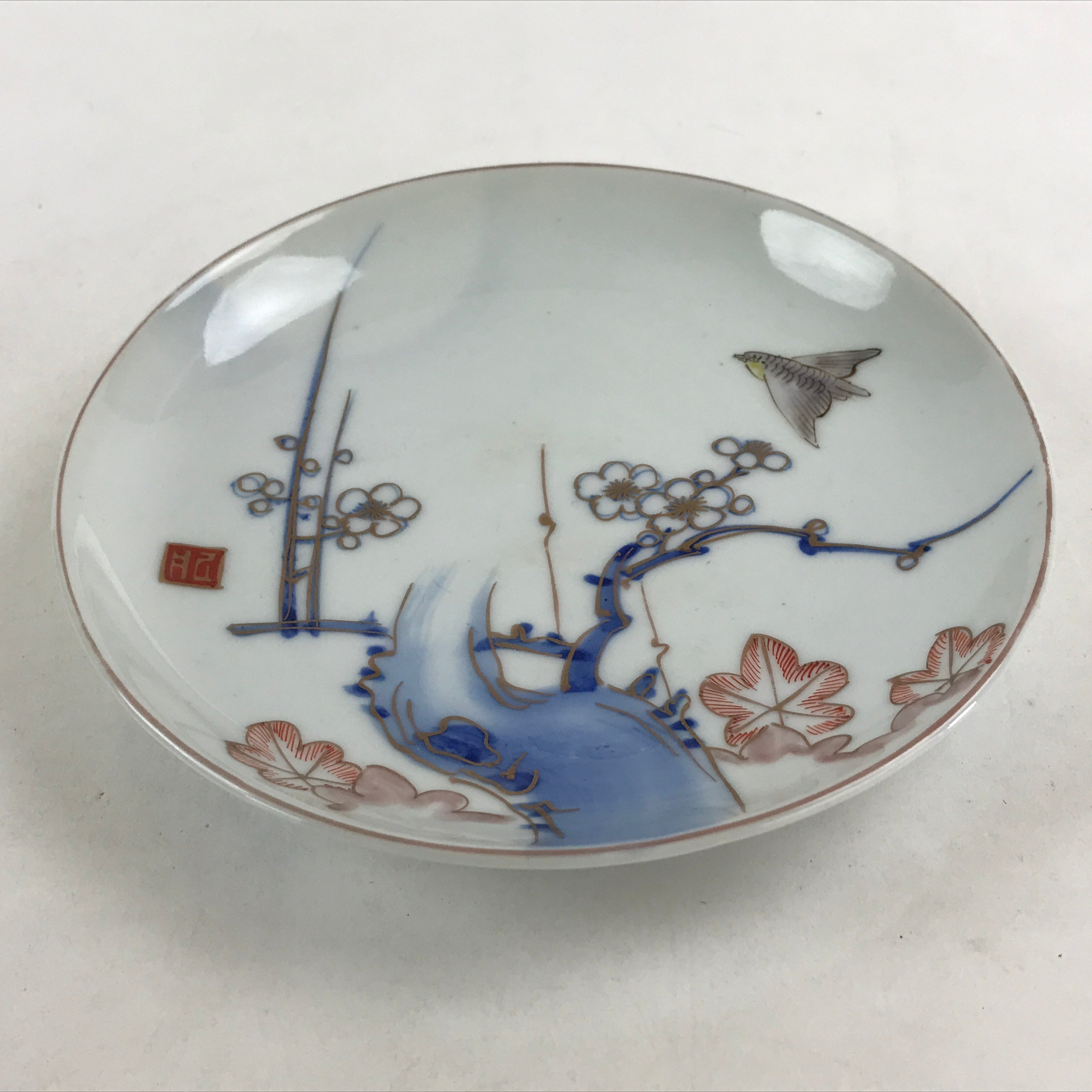 Antique Japanese Koimari Imari Plate Plum Blossom Nightingale Kozara Gold PY365
